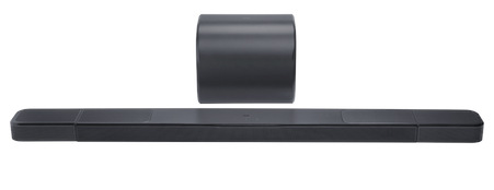Czarny soundbar z subwooferem nad nim na białym tle. Soundbar jest prostokątny, a subwoofer cylindryczny.