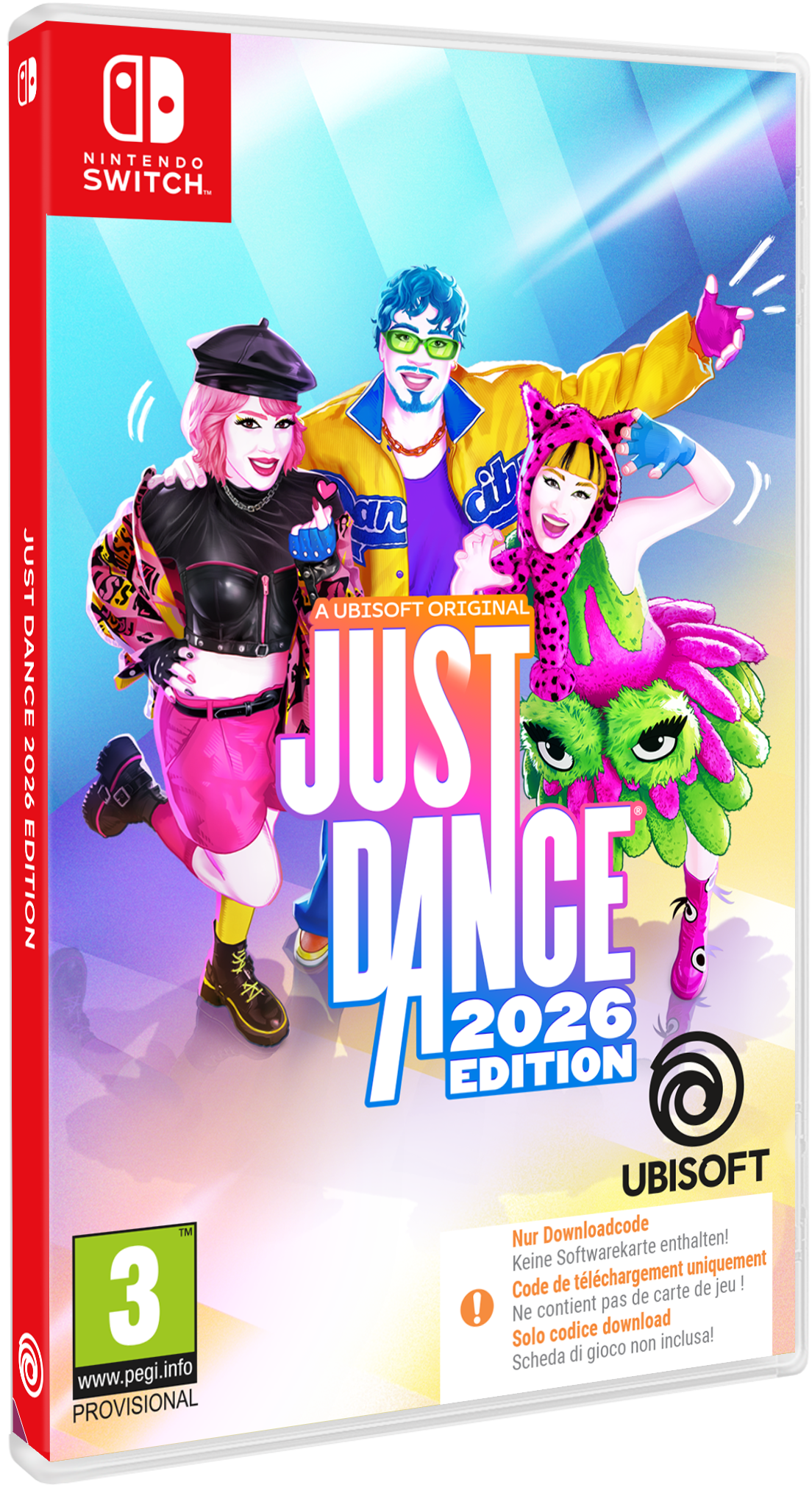 Spielcover von Just Dance 2026. Drei tanzende Figuren vor buntem Hintergrund. Nintendo Switch-Logo oben links.