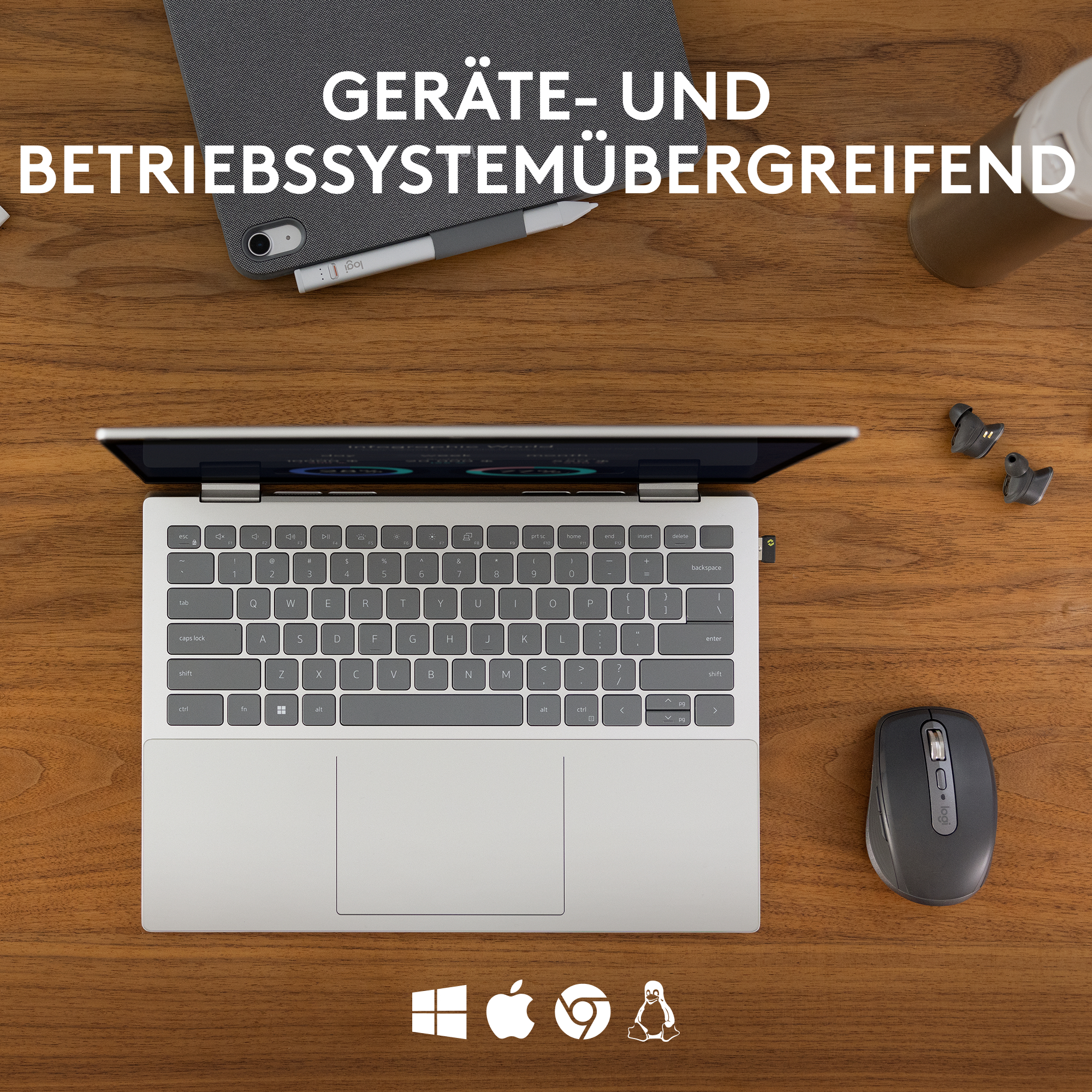 Laptop, Maus und Zubehör auf einem Holzschreibtisch. Der Laptop-Bildschirm ist eingeschaltet. Symbole für Windows, Apple, Chrome und Linux.