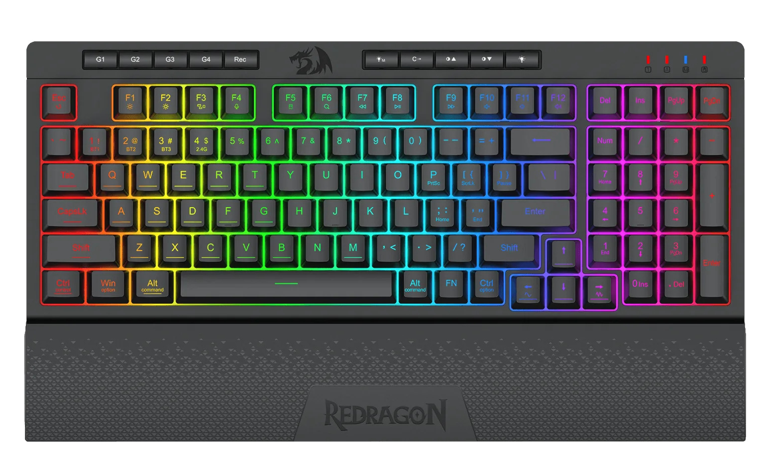 Czarna klawiatura Redragon z podświetlanymi, wielokolorowymi klawiszami. Posiada podpórkę pod nadgarstek i klawisze funkcyjne.