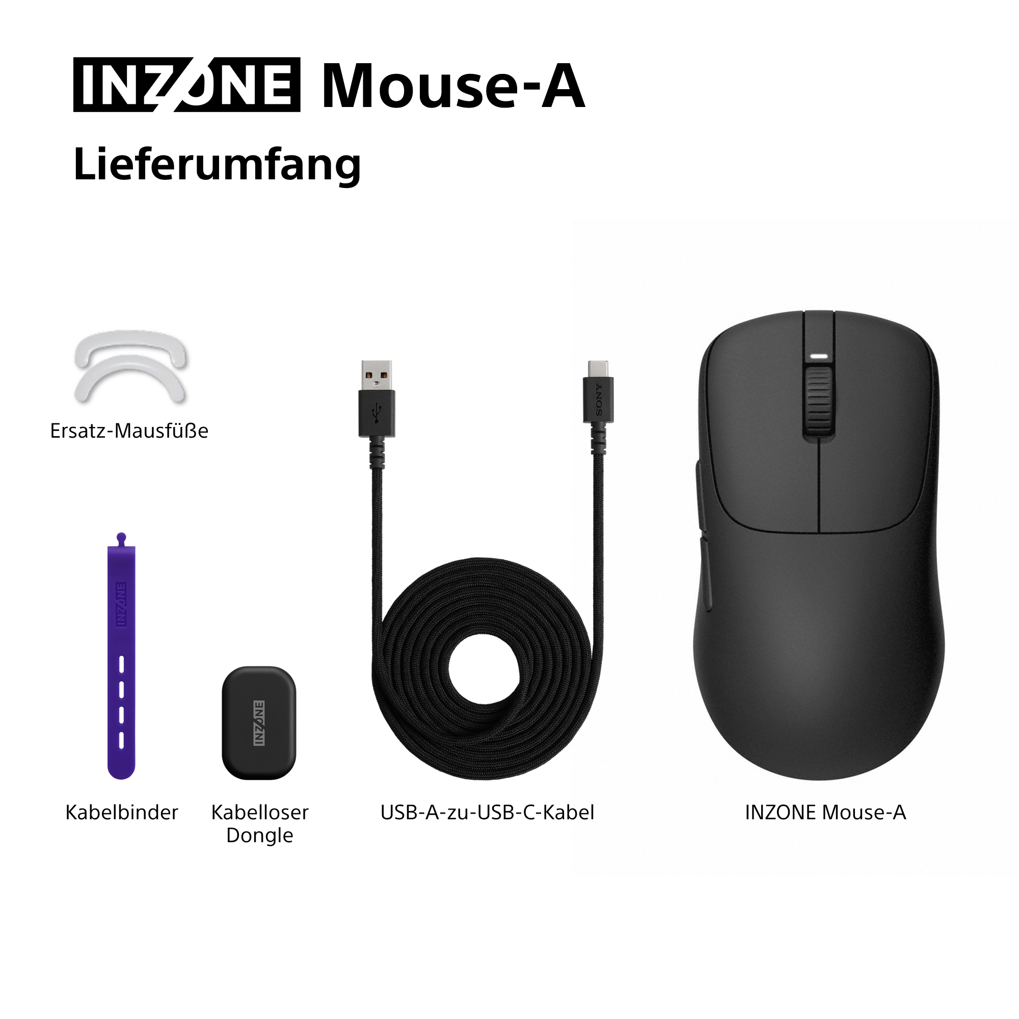 Das Bild zeigt die INZONE Mouse-A. Enthält: Maus, USB-Kabel, Dongle, Ersatz-Mausfüße und Kabelbinder.