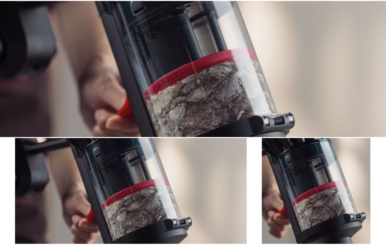 Zbliżenie pojemnika na kurz odkurzacza wypełnionego zanieczyszczeniami. Ręka trzyma czerwony przycisk zwalniający. Tło jest rozmyte.