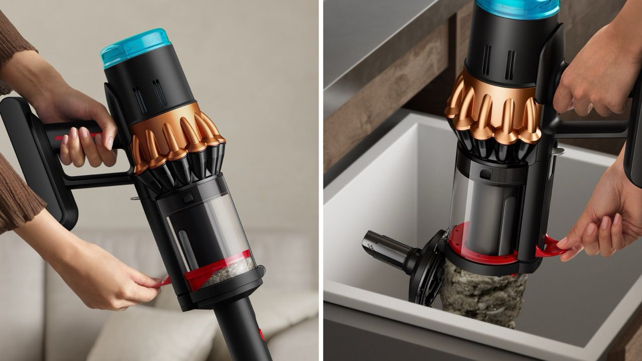 Osoba trzyma czarno-miedziany odkurzacz bezprzewodowy. Odkurzacz jest opróżniany do zlewu.