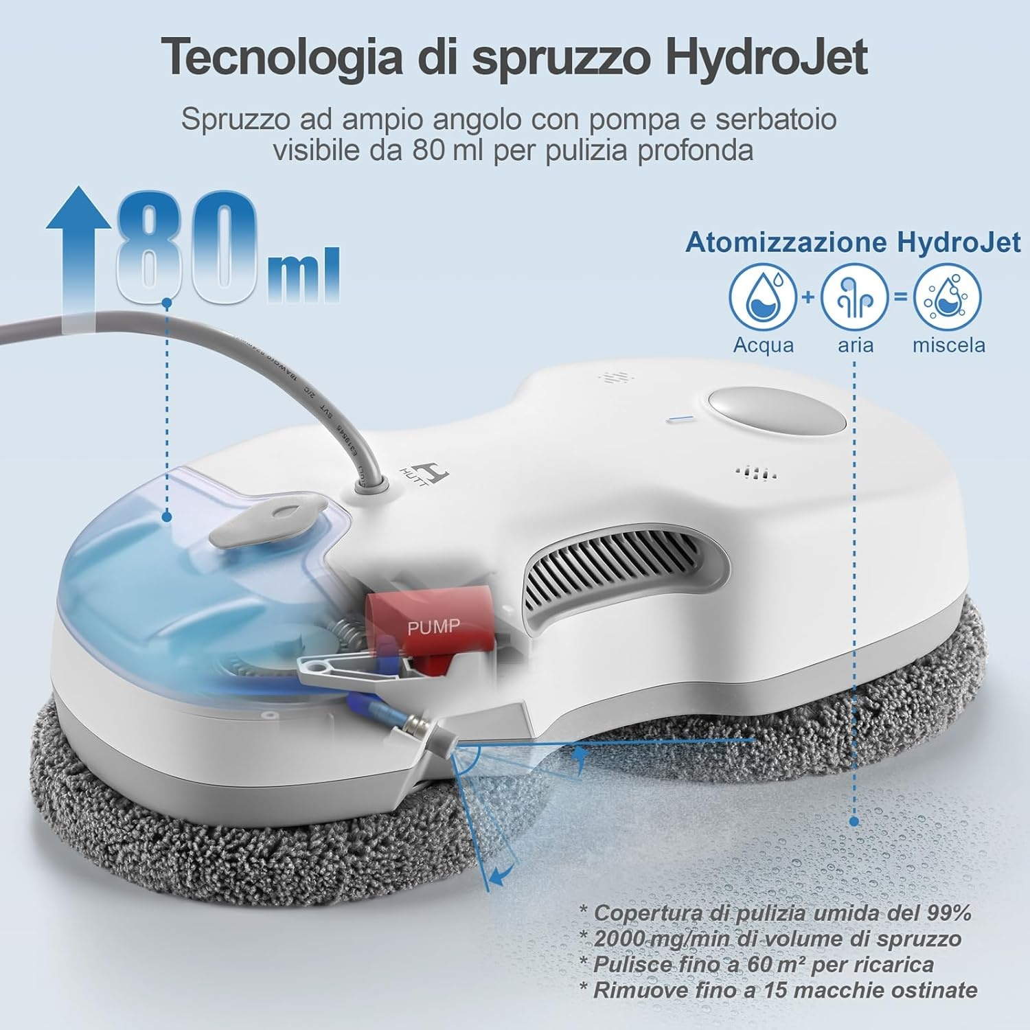 Un robot di pulizia bianco con un serbatoio d'acqua blu. Ha un panno di pulizia grigio. Il testo mostra la tecnologia HydroJet e le specifiche di pulizia.