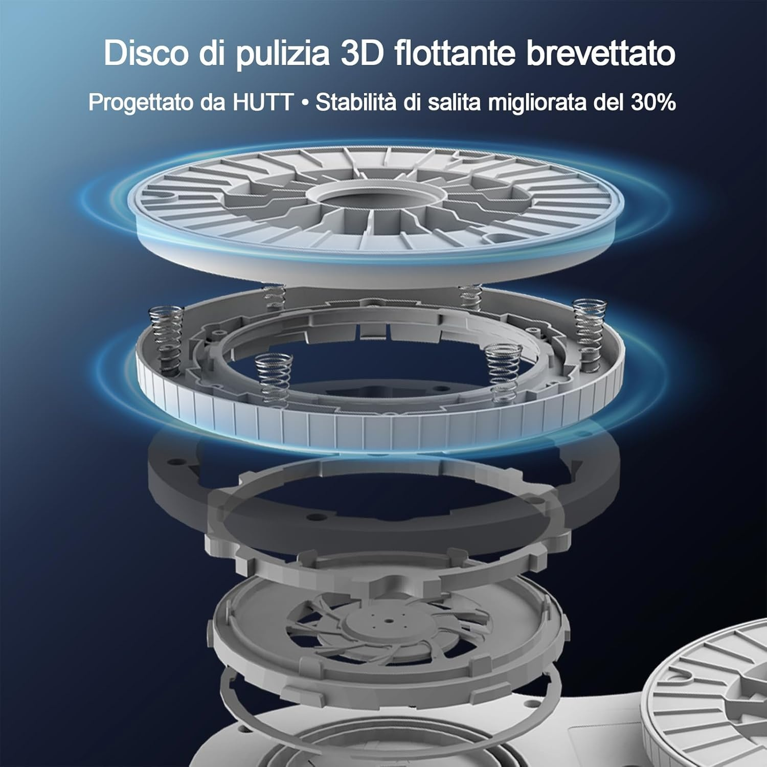 Vista esplosa di un disco di pulizia 3D flottante. Componenti grigi, molle e design a strati.