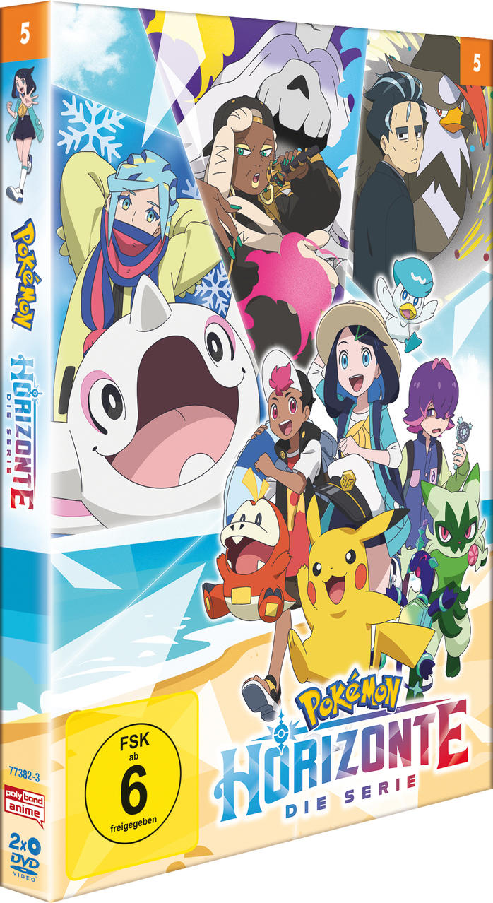 DVD-Cover von Pokémon Horizons mit verschiedenen Anime-Charakteren wie Pikachu und anderen. Der Titel ist auf Deutsch.