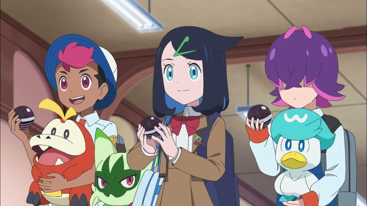 Animeszene: Drei Charaktere halten Pokébälle. Jeder Charakter hat eine andere Frisur und hält ein Pokemon. Hintergrund ist ein Klassenzimmer.