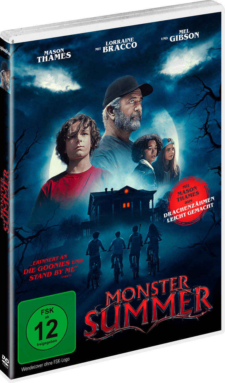 DVD-Cover für Monster Summer. Mit Mason Thames, Mel Gibson, Kindern auf Fahrrädern und einem unheimlichen Haus unter Vollmond.