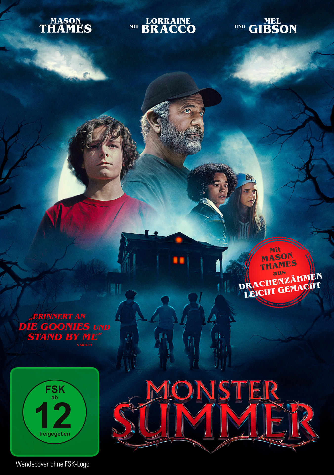 Filmplakat für Monster Summer. Mit Schauspielern, einem gruseligen Haus, Kindern auf Fahrrädern und dem roten Titel mit grüner FSK-Kennzeichnung.
