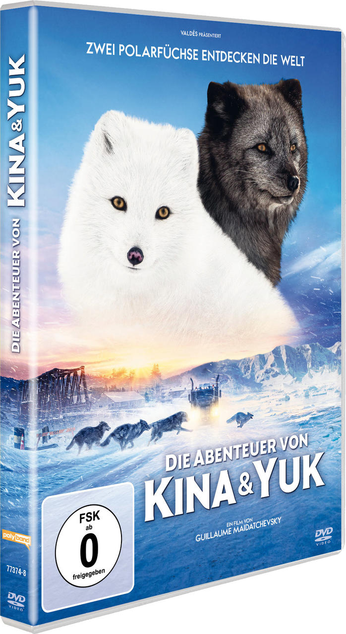 DVD-Cover mit zwei Polarfuchs. Ein weißer Fuchs und ein dunkelgrauer. Text: Die Abenteuer von Kina & Yuk.