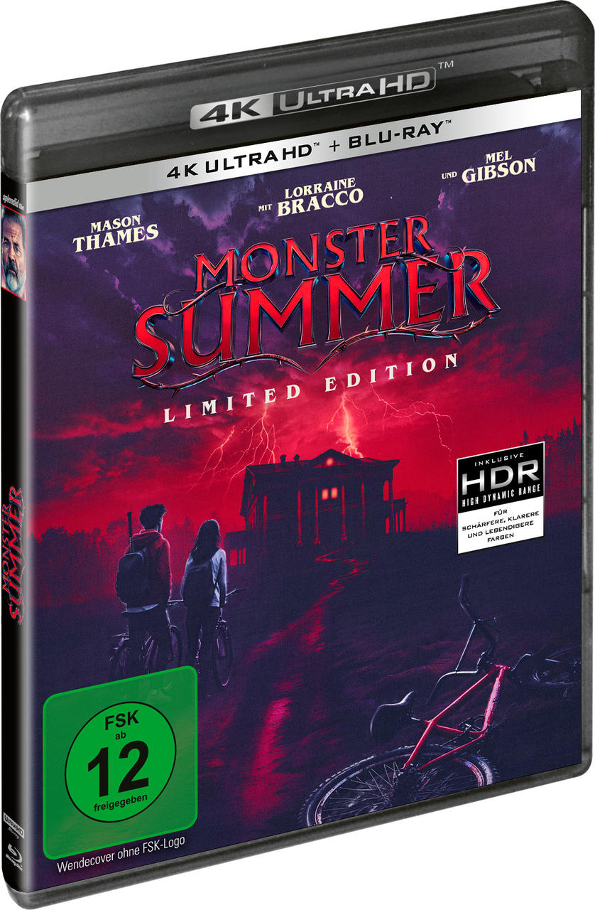 Filmcover mit zwei Figuren mit Fahrrädern. Titel ist 'Monster Summer'. Inklusive HDR und FSK 12 Bewertung.