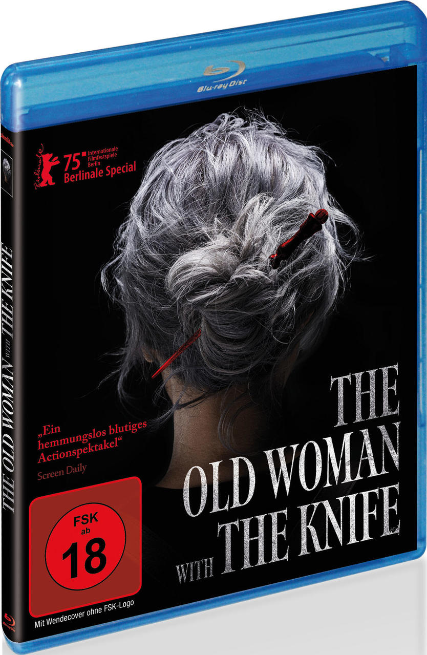 Blu-ray-Cover für „The Old Woman with the Knife“. Das graue Haar einer Frau ist zu sehen. Der Titel wird mit einer roten Altersbeschränkung von 18 Jahren angezeigt.