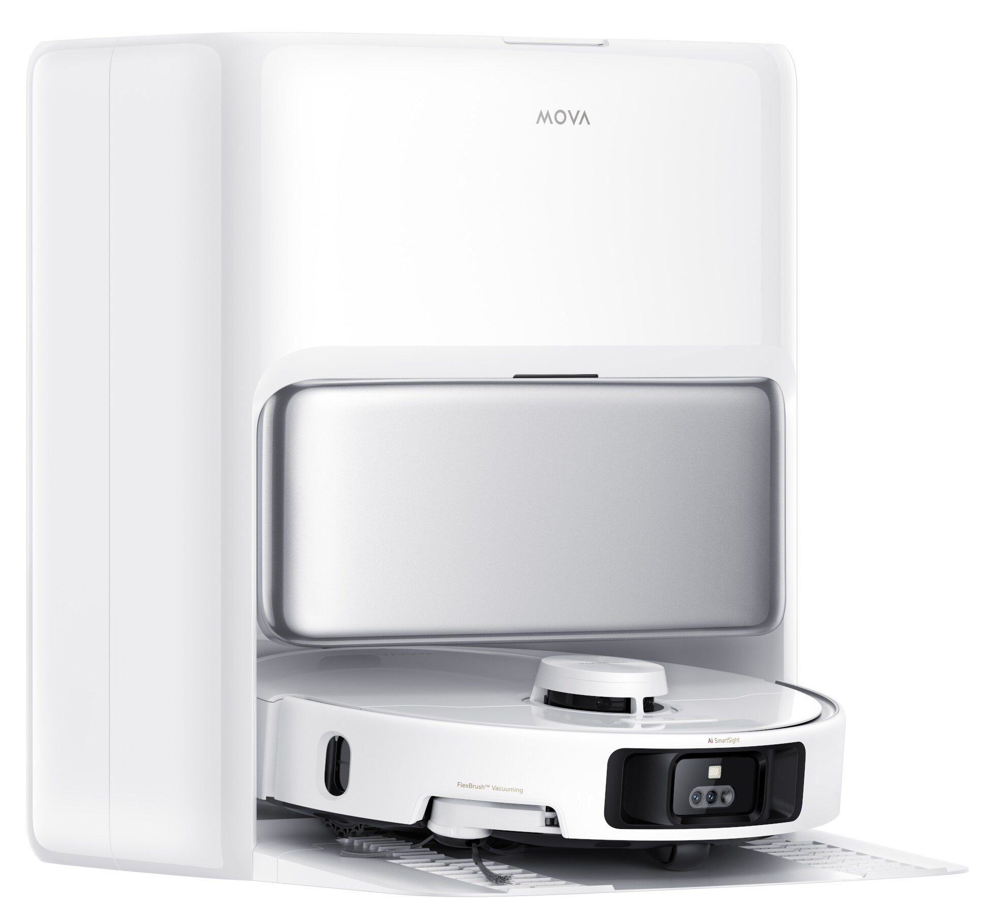 Biały robot odkurzający MOVA w stacji ładującej. Urządzenie jest białe ze srebrnym akcentem.