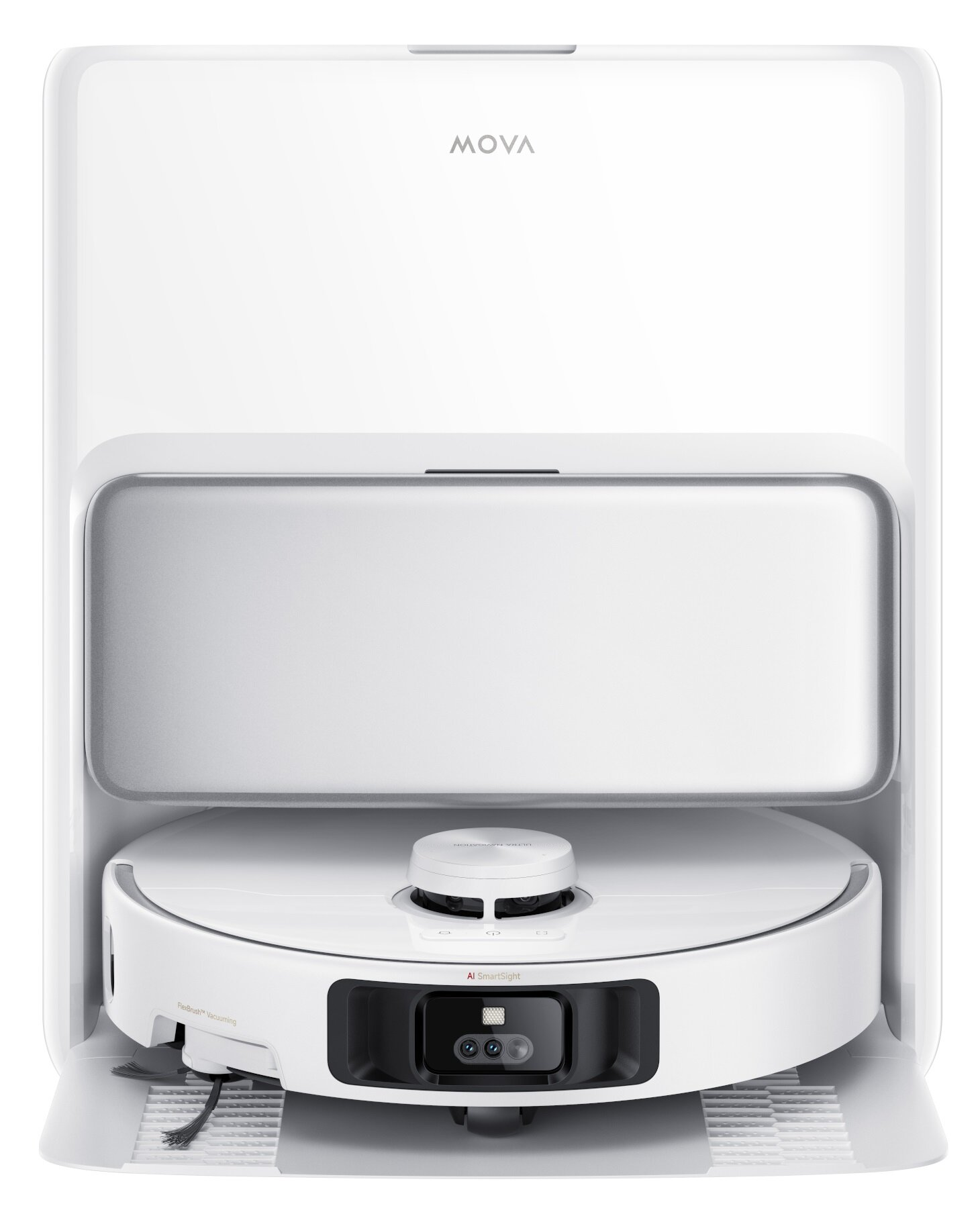 Biały odkurzacz automatyczny w białej stacji ładującej. Robot ma czujnik i szczotkę.
