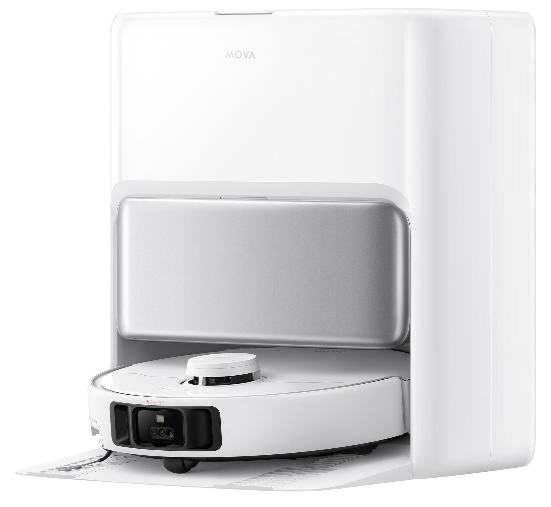 Biały odkurzacz robot w stacji ładującej. Stacja jest biała z napisem MOVA.