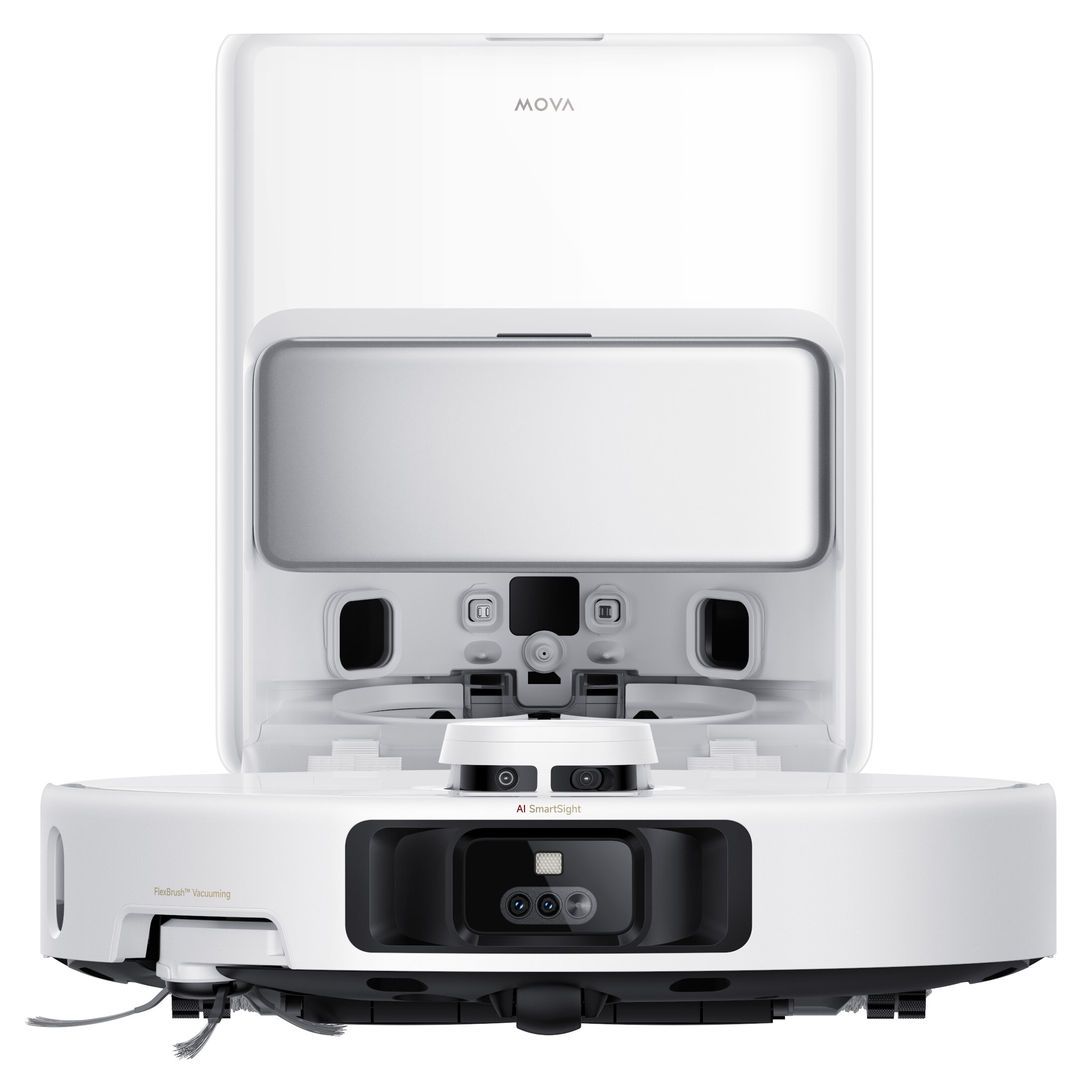 Biały odkurzacz robot. Posiada górną część z napisem 'MOVA' i 'AI SmartSight' z przodu. Czarny spód ze szczotkami.