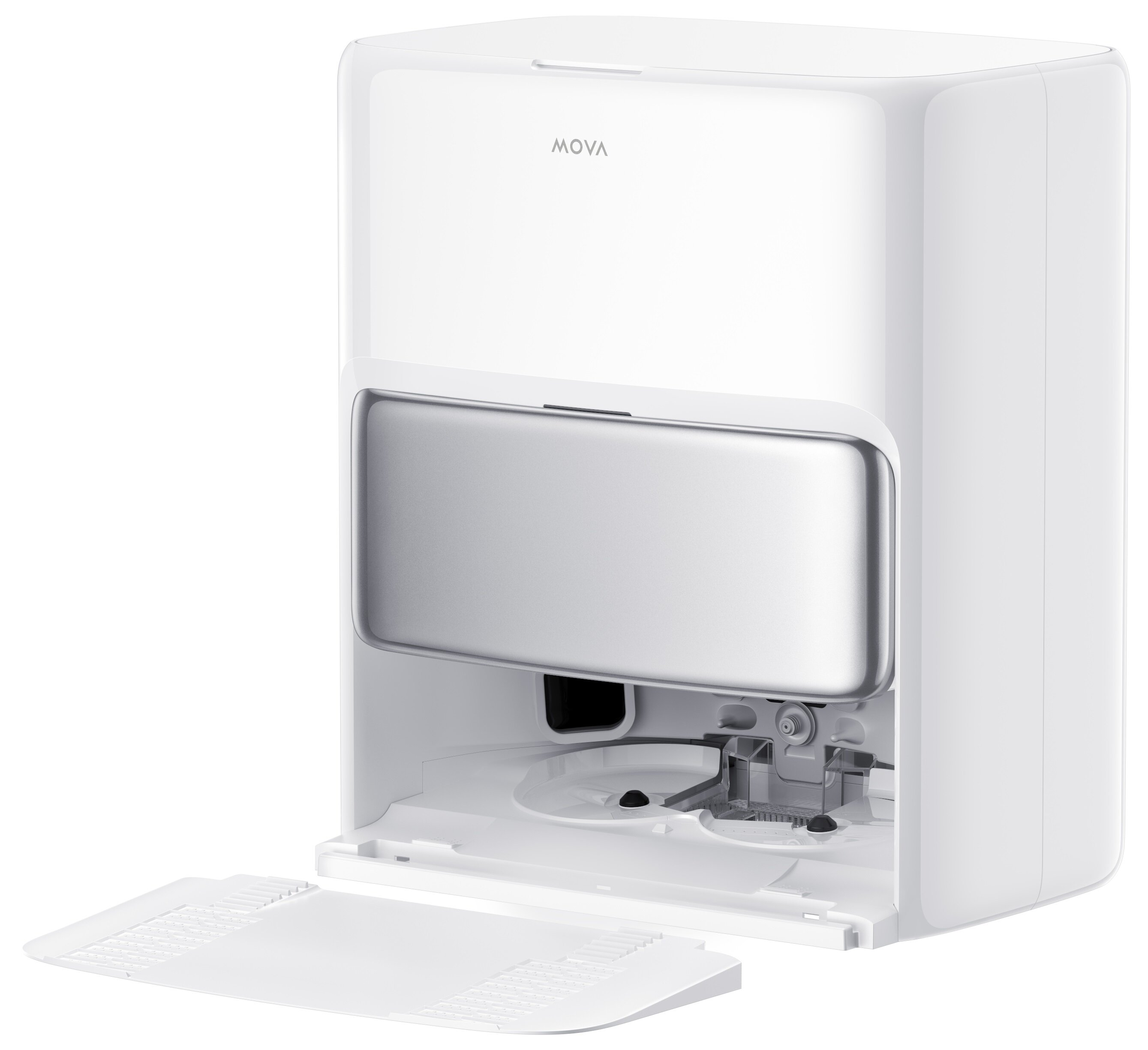 Biały odkurzacz robot MOVA. Przedni panel jest otwarty, odsłaniając elementy wewnętrzne. Taca otwarta na dole.