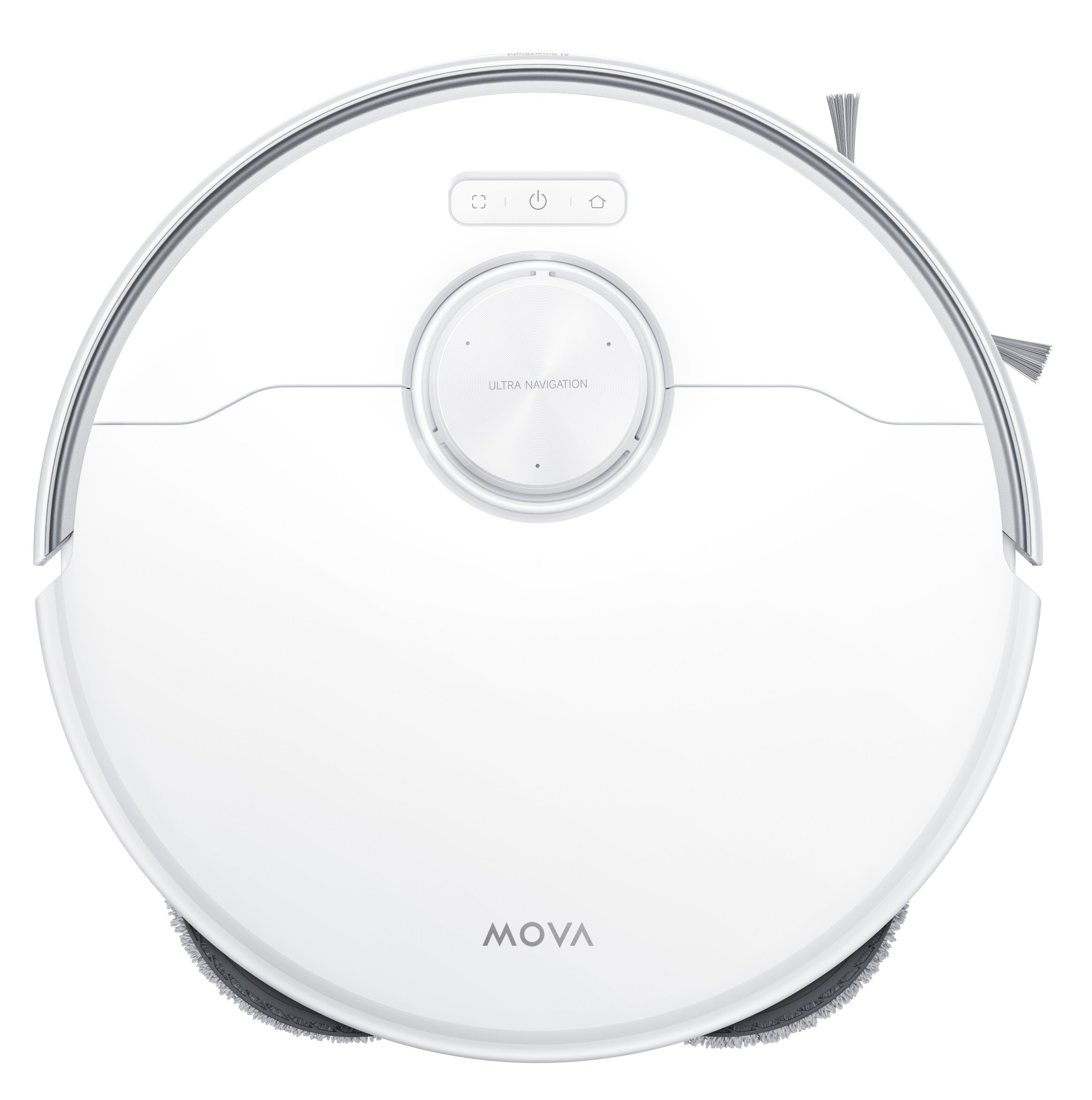 Biały robot odkurzający. Ma okrągły kształt z przyciskami i centralnym okręgiem z napisem 'Ultra Navigation'.