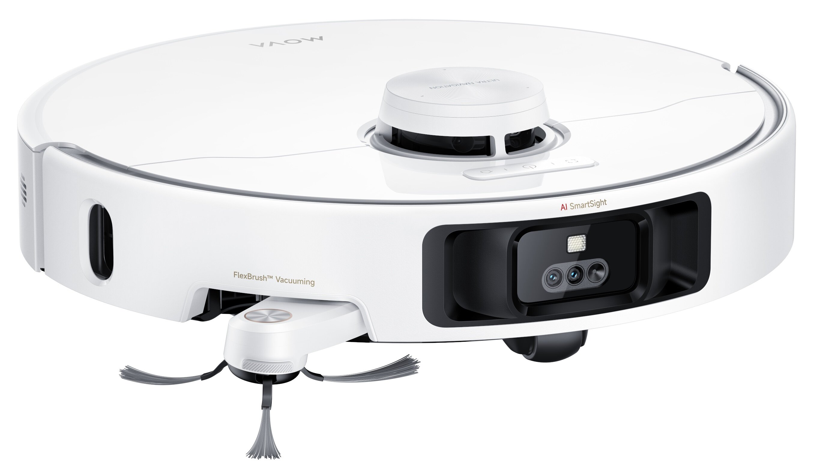 Biały i czarny robot sprzątający. Ma okrągły kształt, centralną wieżę i szczotkę na dole.