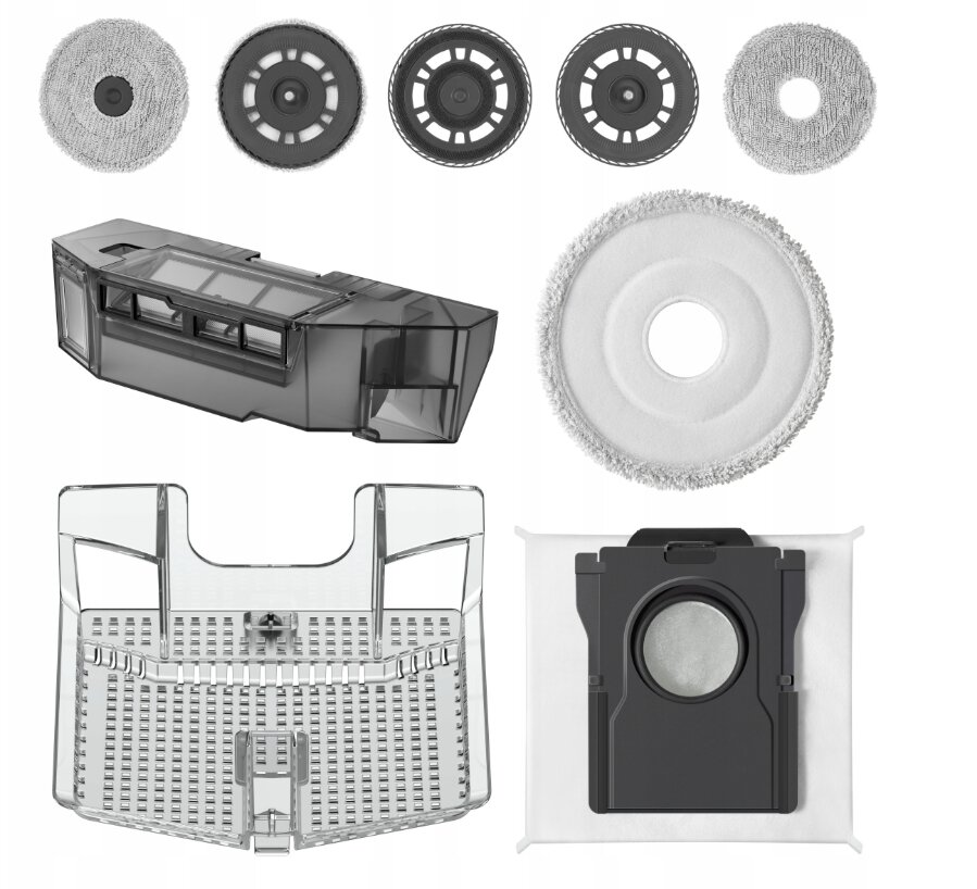 Różne części robota odkurzającego: koła, pady czyszczące, pojemnik na kurz i jednostka filtrująca są wyświetlane na białym tle.