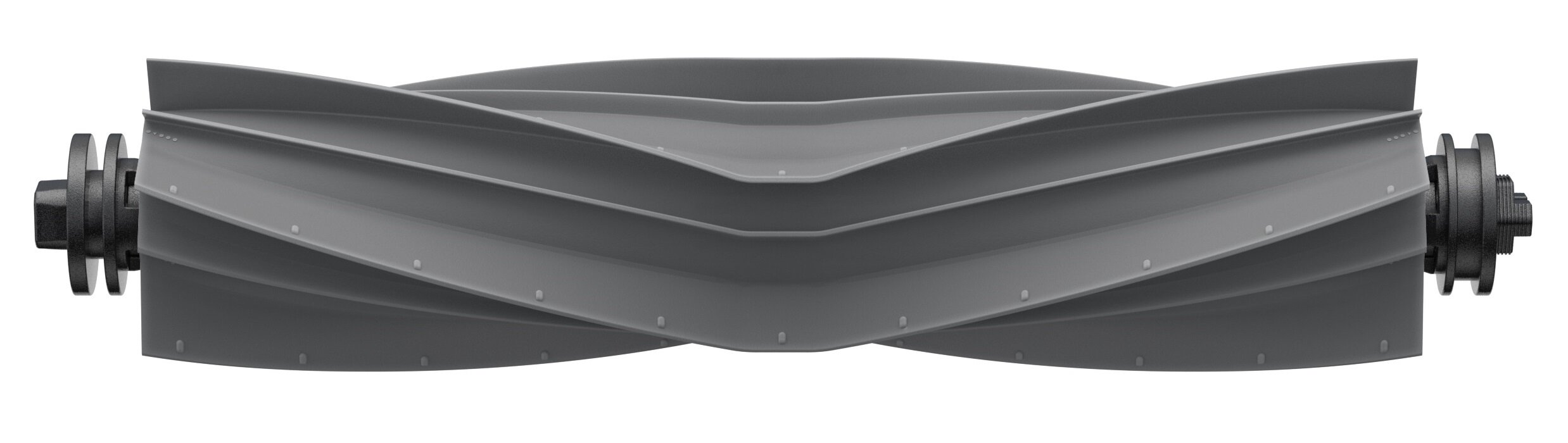 Szara szczotka rolkowa z zakrzywionymi ostrzami, używana do czyszczenia, ma czarne części na każdym końcu. Tło jest białe.