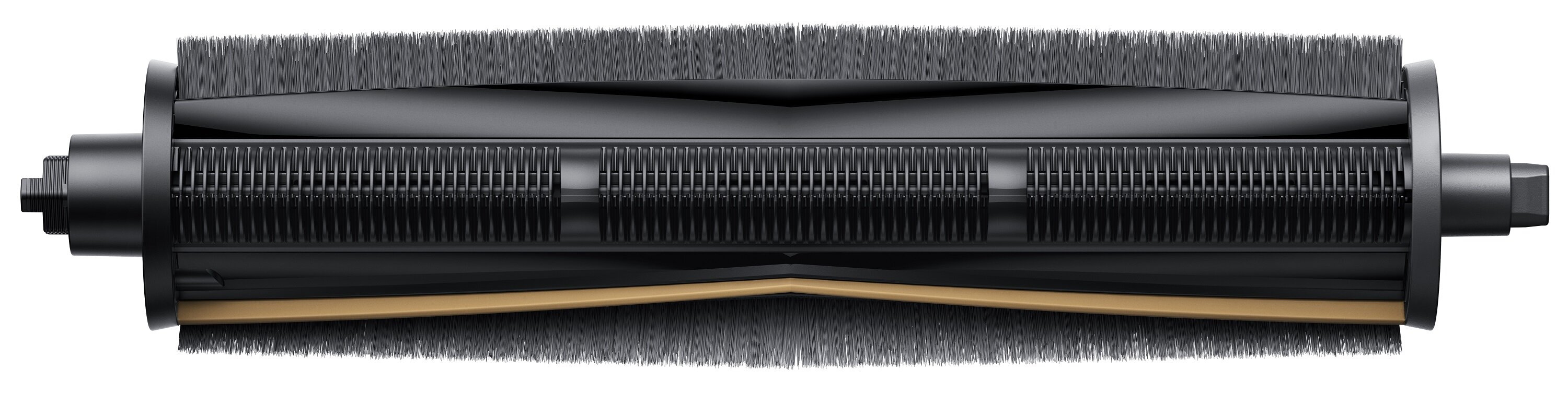 Czarny wałek szczotki do odkurzacza z włosiem i centralnym wałkiem. Posiada brązowy gumowy pasek.