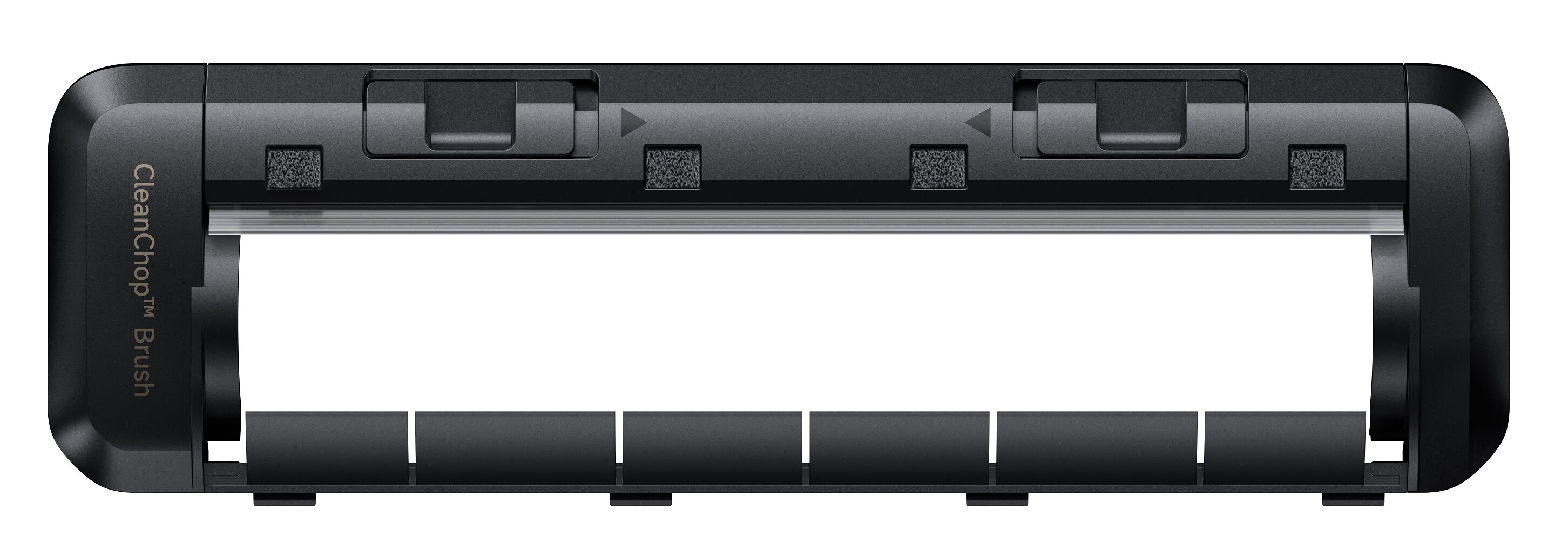 Czarna szczotka CleanChop o prostokątnym kształcie. Ma wiele prostokątnych otworów na dole i szereg małych kwadratów.