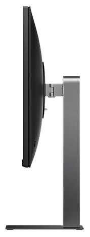 Widok z boku monitora komputera. Ekran jest czarny, a stojak srebrny i szary, z czarną podstawą.