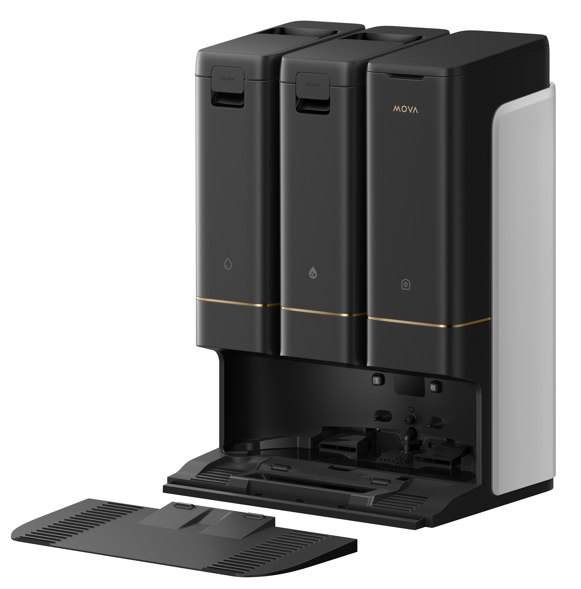 Czarno-białe urządzenie z trzema przegrodami, oznaczone 'UNLOCK' i 'MOVA'. Taca jest otwarta na dole.