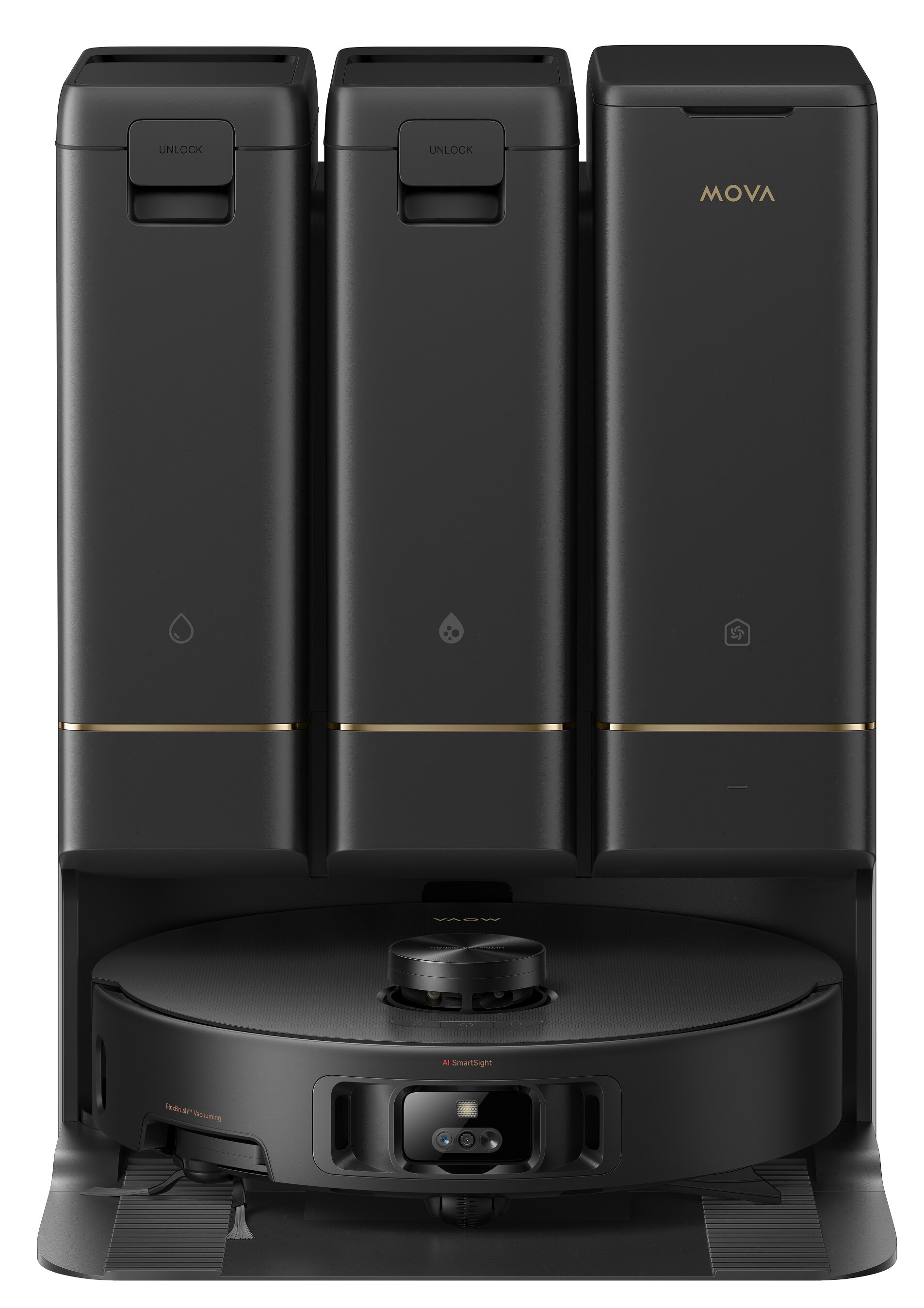 Czarny odkurzacz automatyczny z trzema przegrodami powyżej. Zawiera napisy 'UNLOCK' i 'MOVA'.