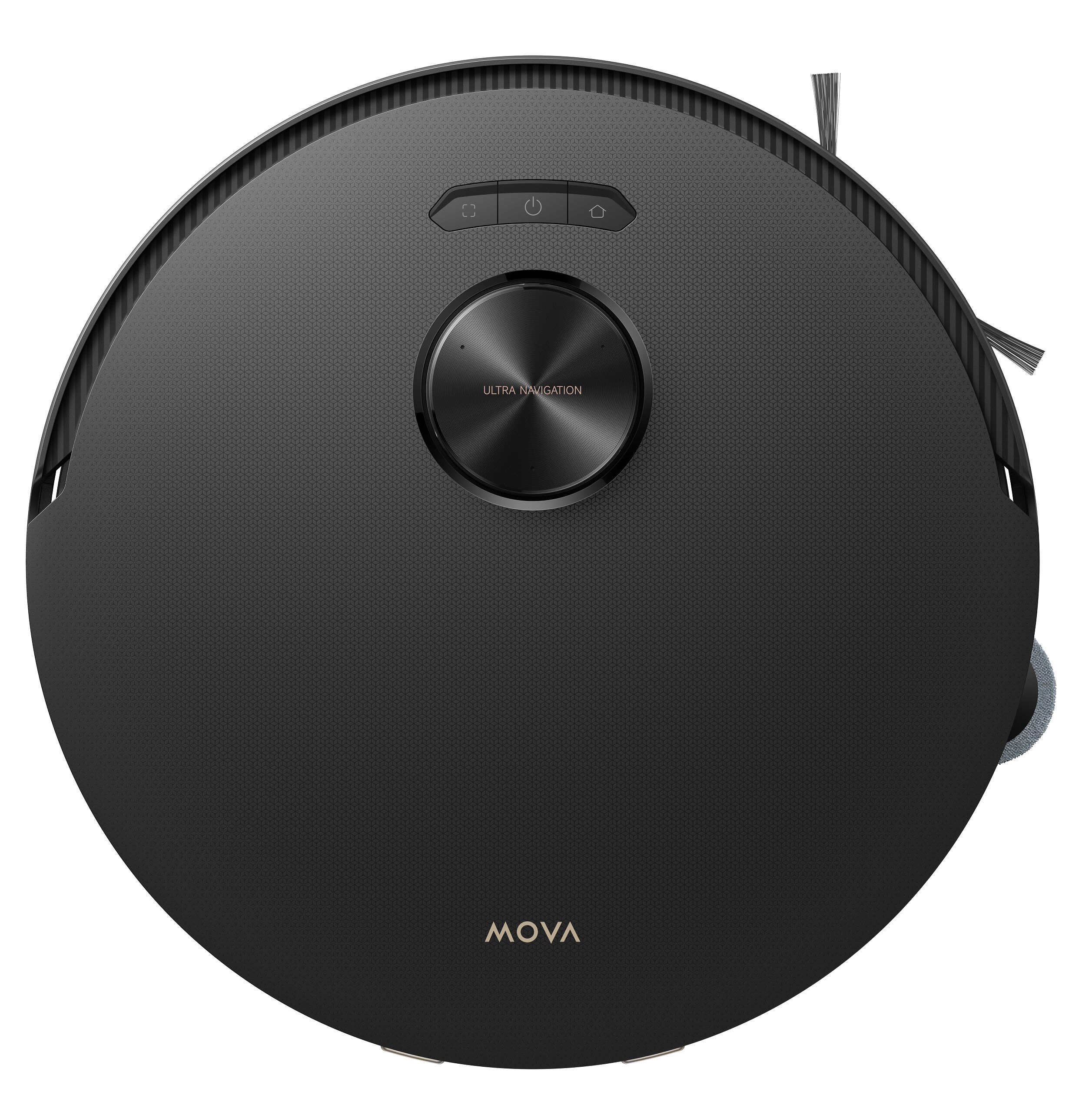 Czarny robot sprzątający MOVA, widok z góry. Posiada przyciski, czujniki i nazwę marki. Izolowany na białym tle.