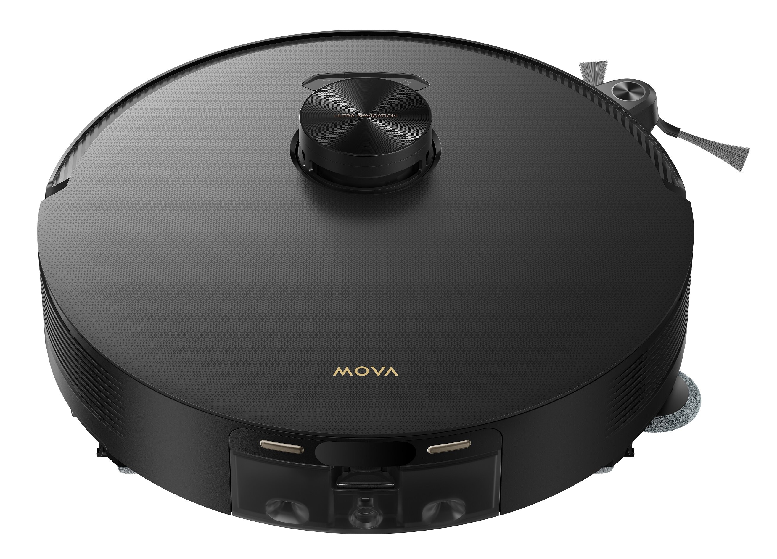 Czarny odkurzacz robot, widok z góry. Ma czarny korpus, szare szczotki i złote 'MOVA'.