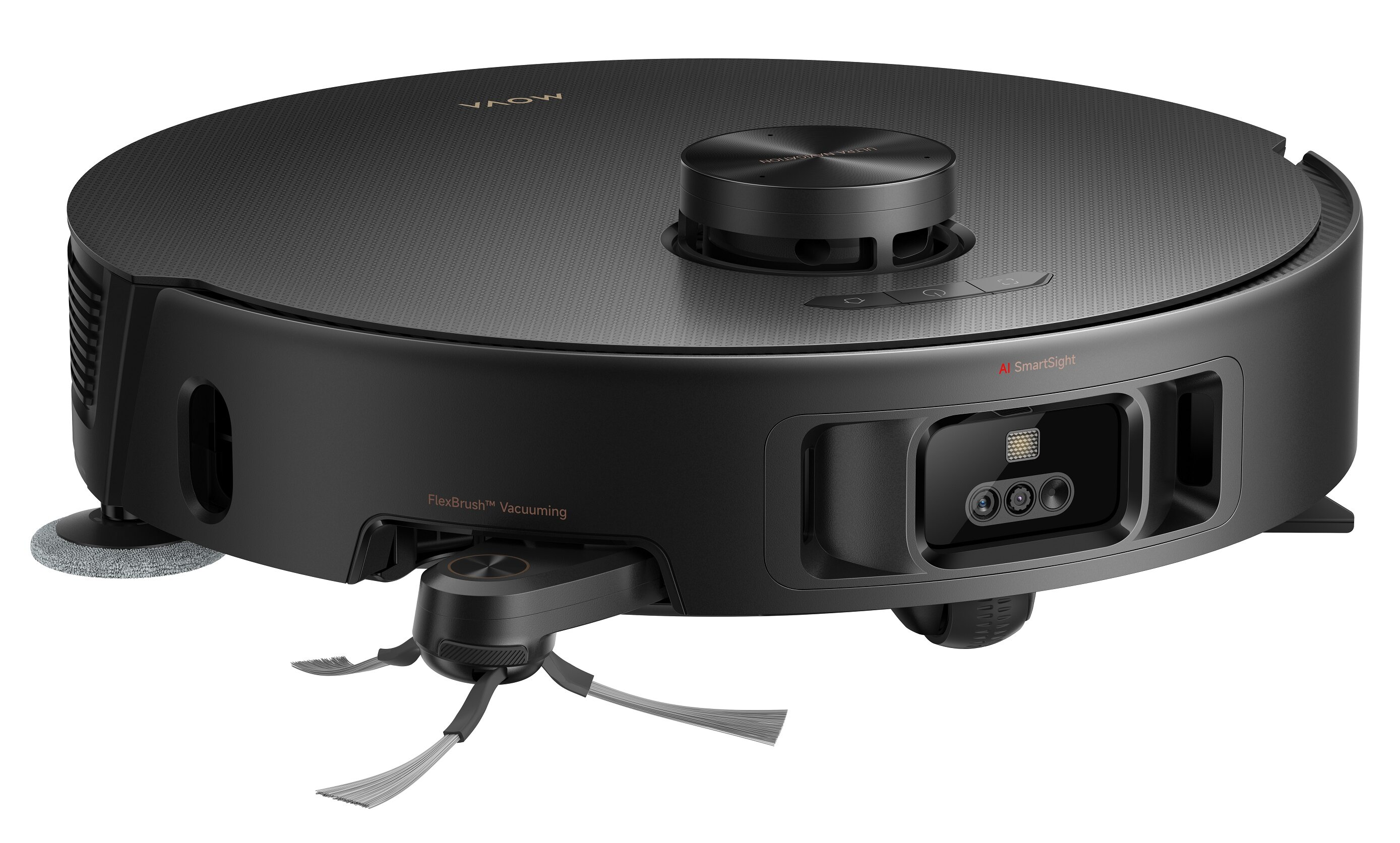 Czarny robot odkurzający o okrągłym kształcie. Posiada czujniki, szczotki i górny system nawigacji. Widoczne słowa "FlexBrush Vacuuming".