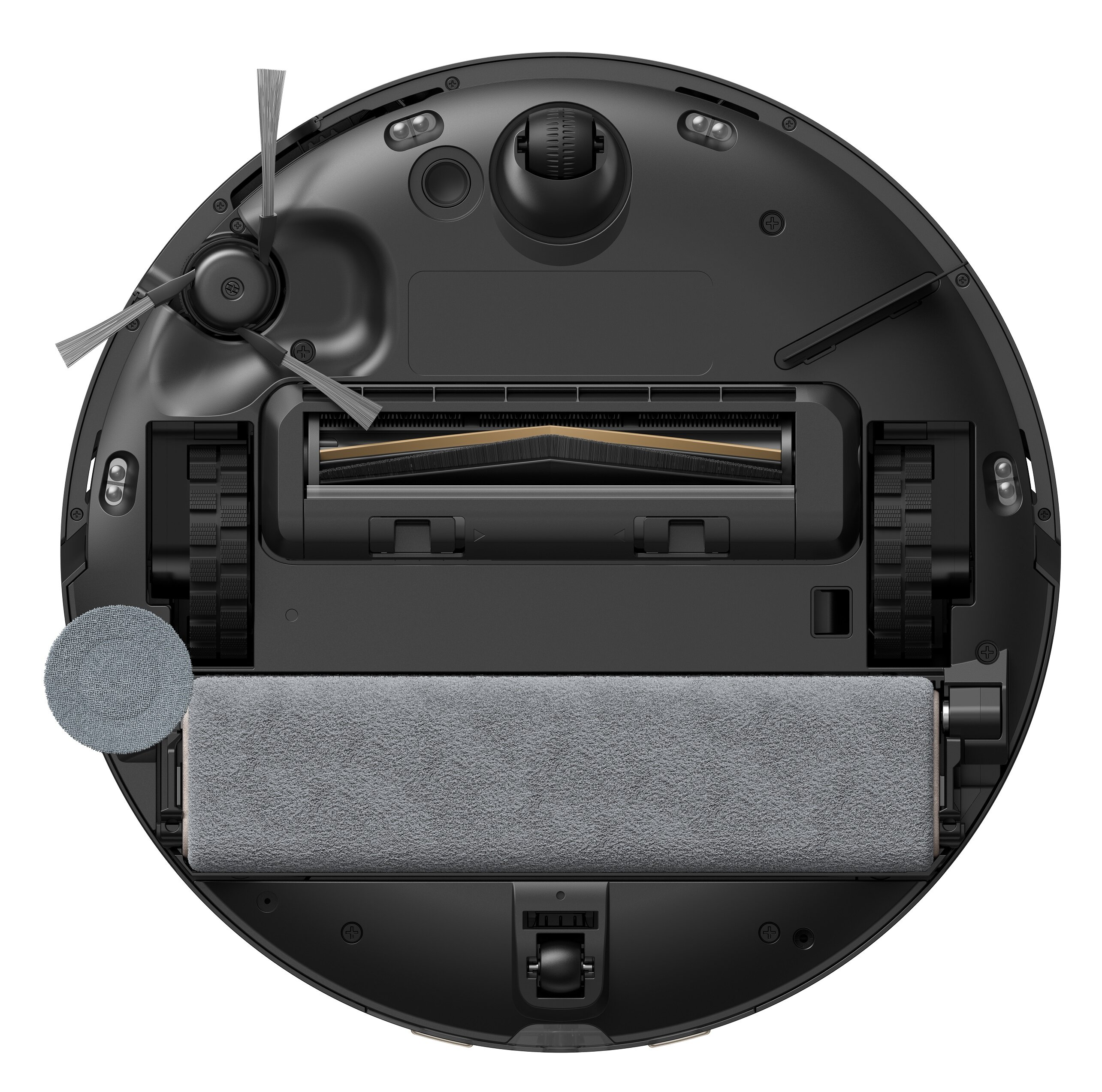 Czarny robot sprzątający, ze szczotkami, nakładką czyszczącą i kołami, widziany od dołu na białym tle.