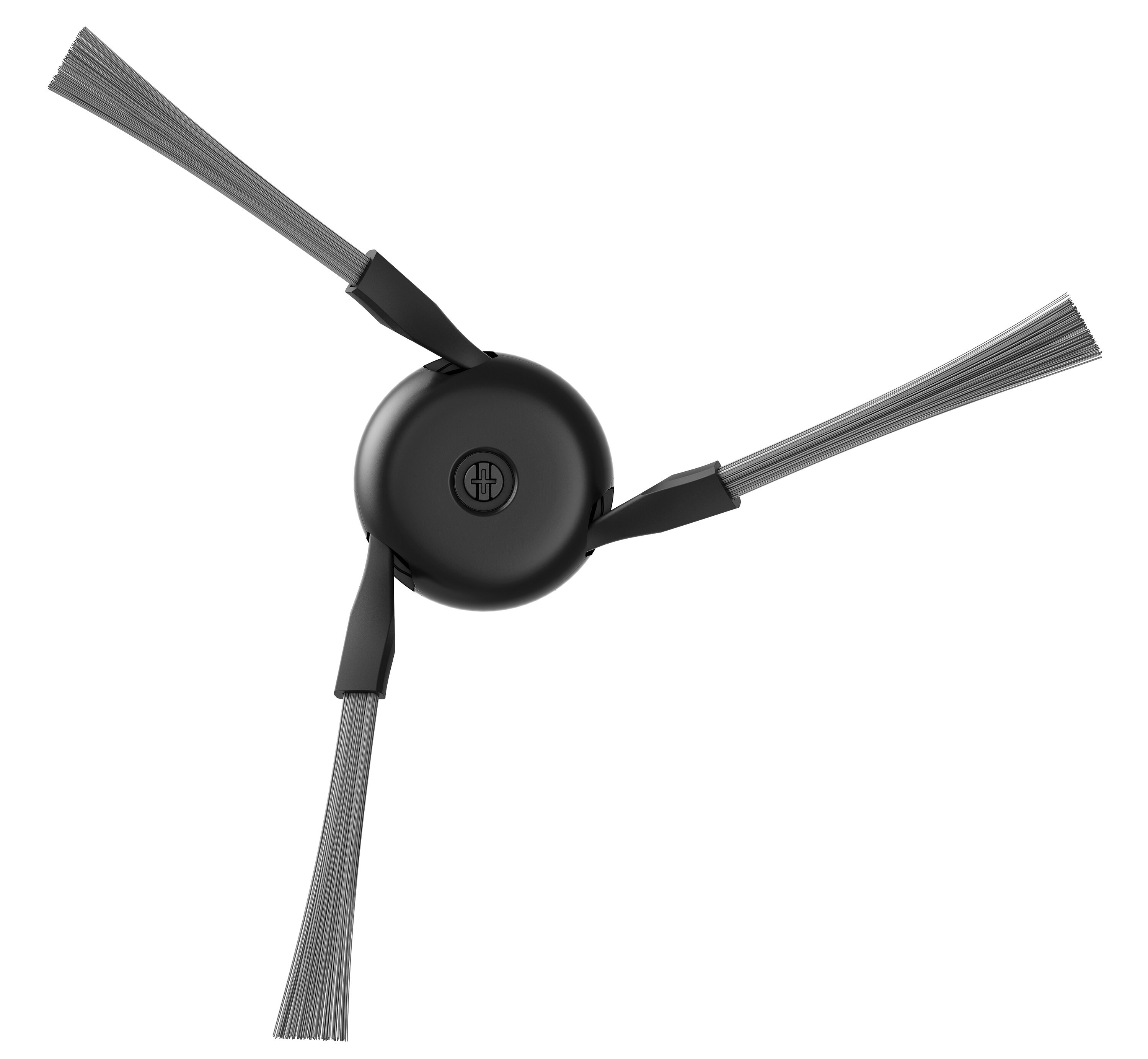 Czarna szczotka do robota sprzątającego z trzema szarymi ramionami z włosia rozchodzącymi się z czarnej centralnej piasty, na białym tle.