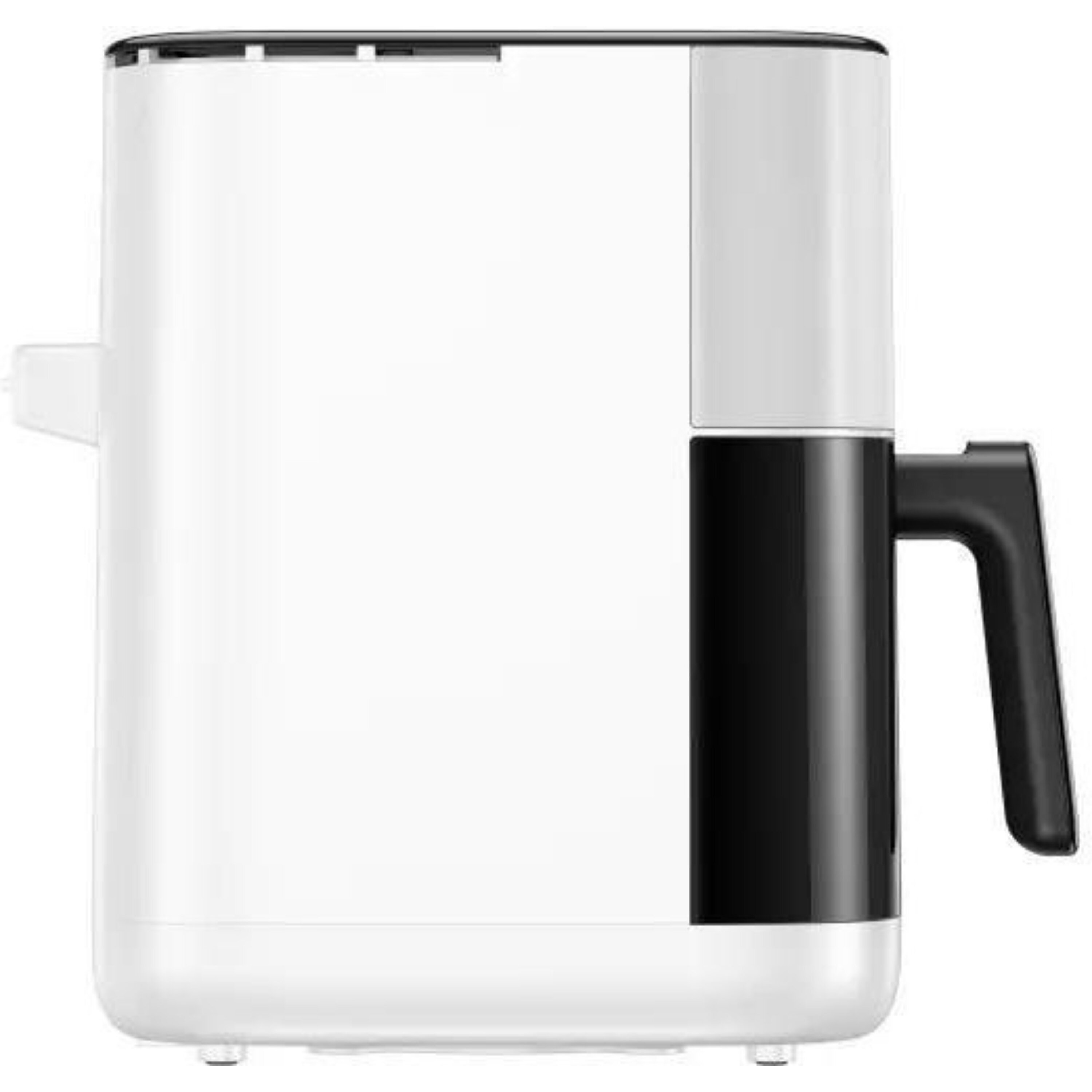 Biała frytownica powietrzna z czarnym uchwytem i akcentami. Posiada biały korpus z czarnym wierzchem i bokiem.