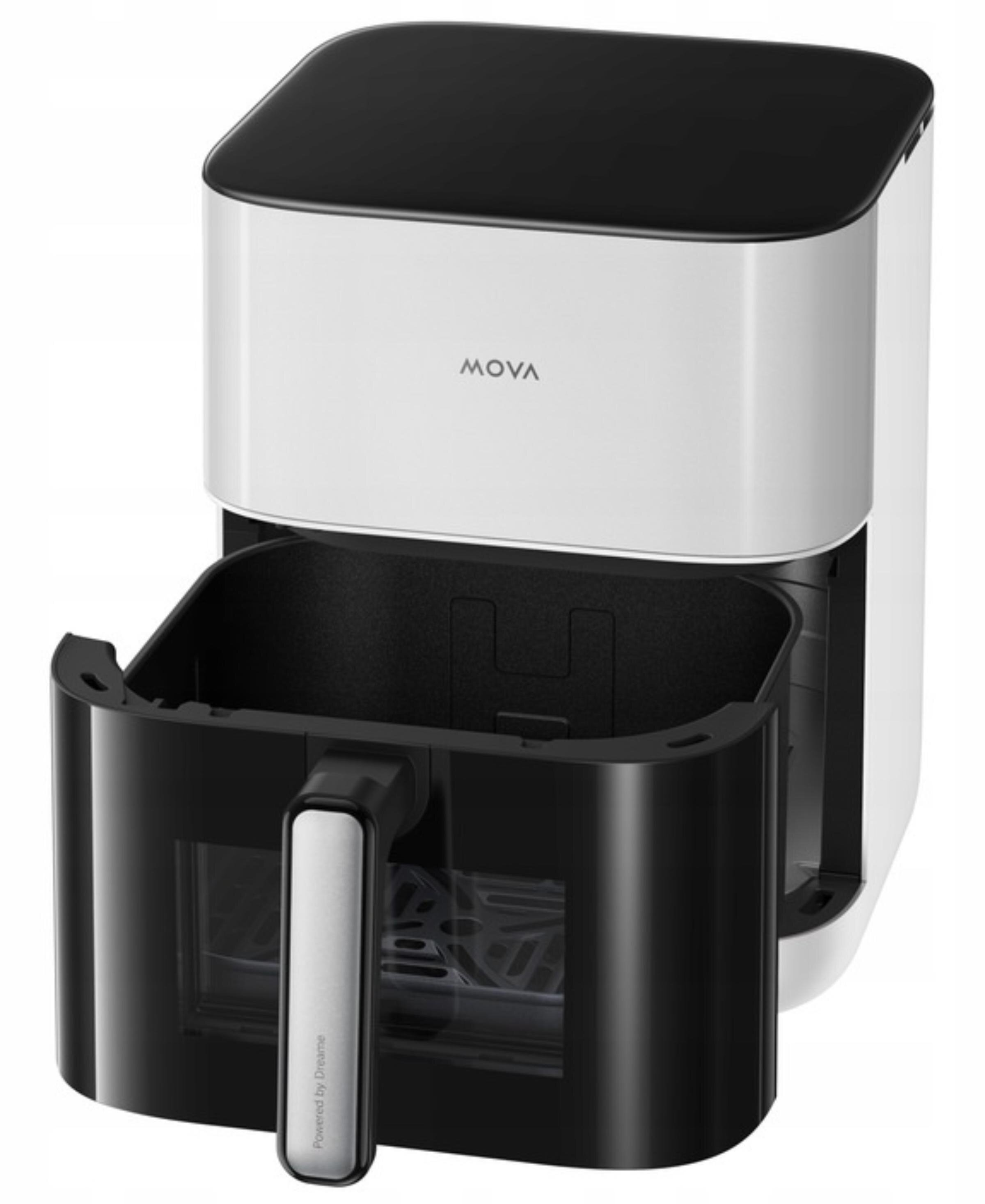 Frytownica beztłuszczowa, biało-czarna, z otwartą szufladą. Marka to MOVA. Uchwyt jest metaliczny.