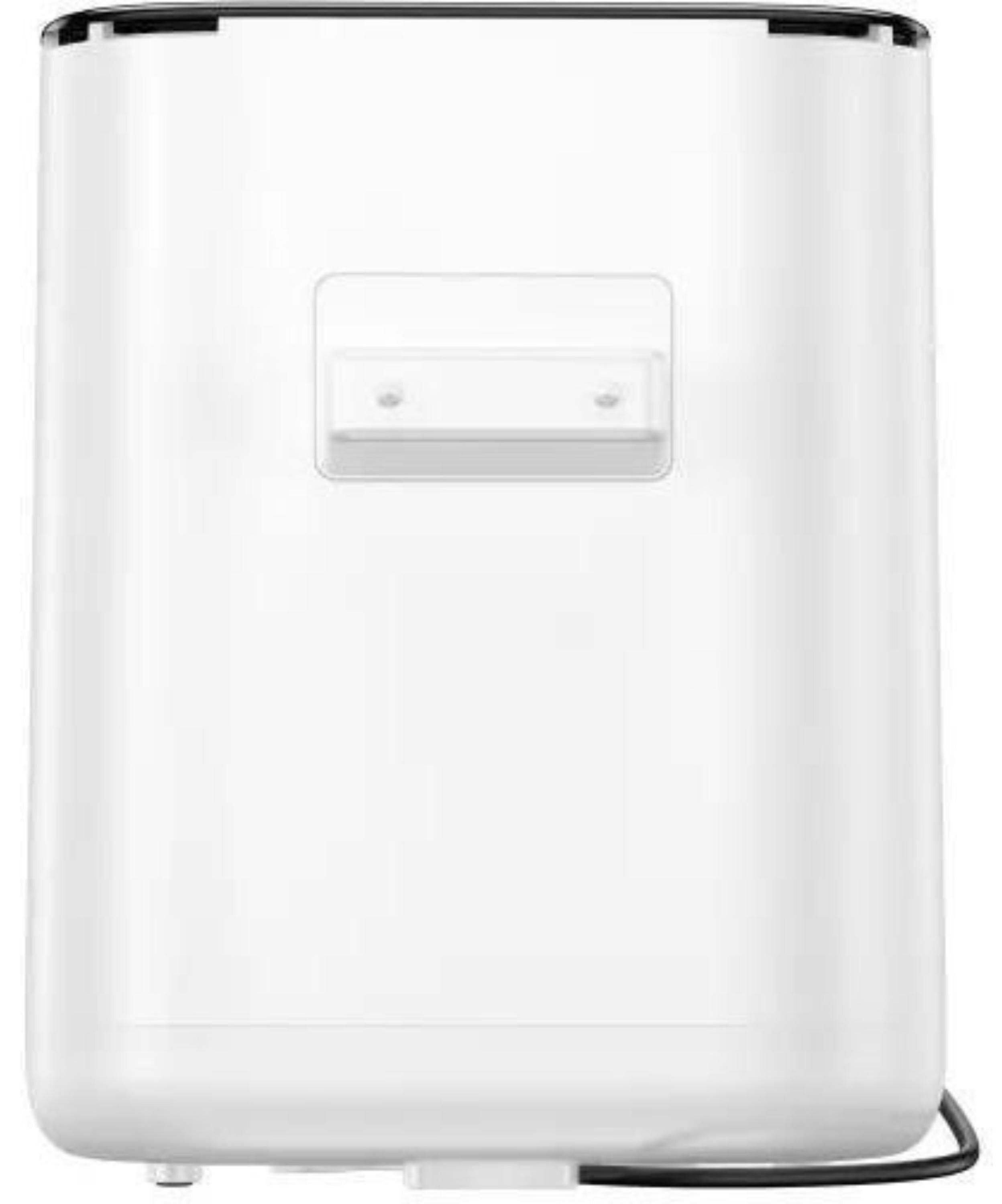 Białe prostokątne urządzenie z małym, przezroczystym prostokątem z tworzywa sztucznego na środku i czarnym kablem na dole.