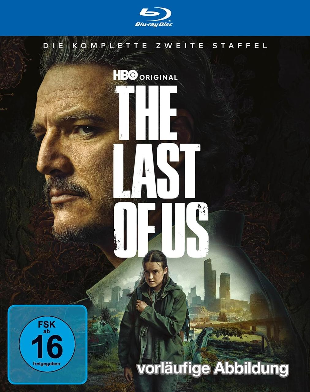 Blu-ray-Cover für "The Last of Us". Enthält Schauspieler, Titel und eine postapokalyptische Stadtkulisse mit einem Bewertungssymbol.