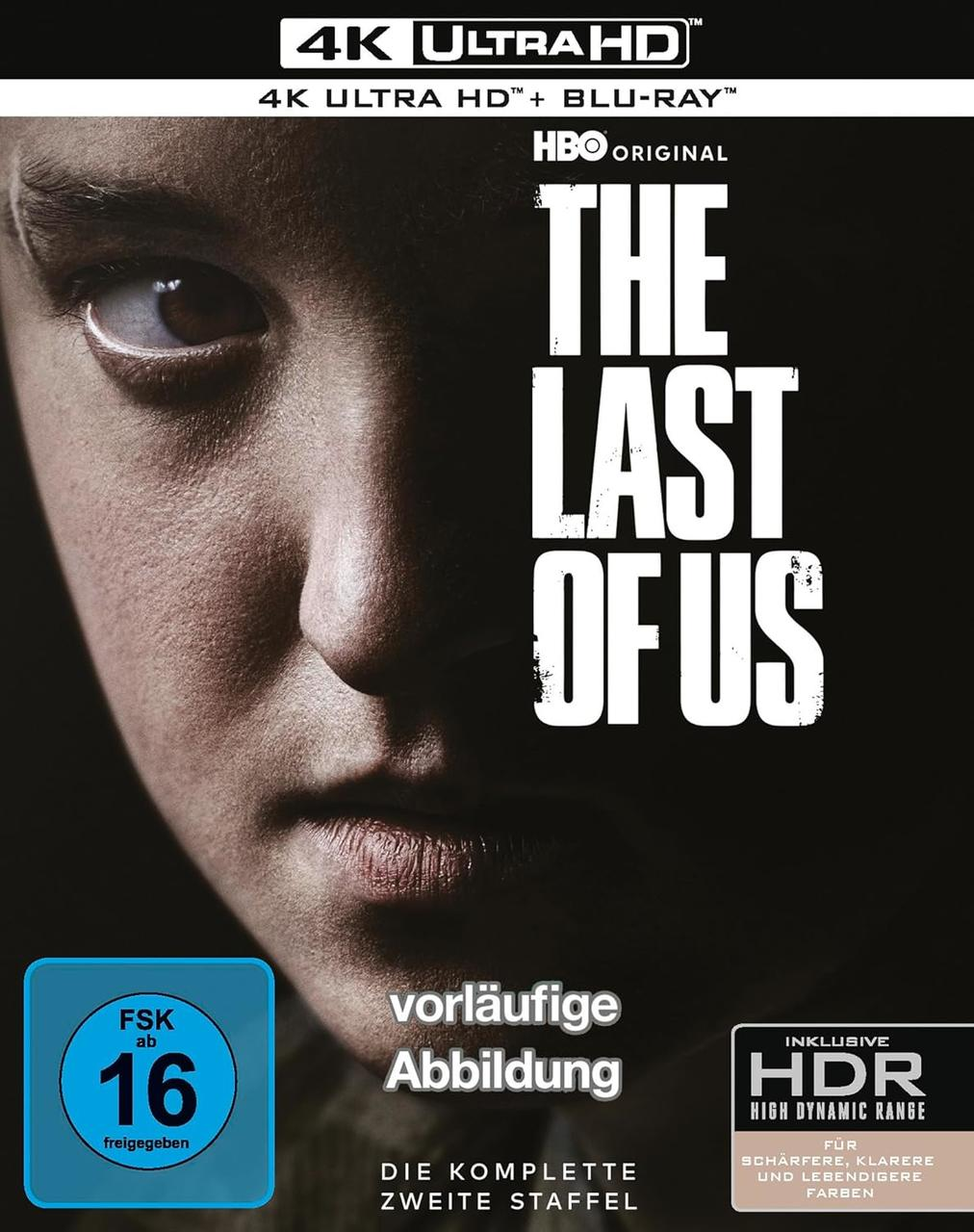 DVD-Cover von The Last of Us, Nahaufnahme eines Gesichts. Text: '4K Ultra HD', 'HBO Original' und 'HDR'.