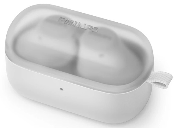 Białe etui ładujące do słuchawek Philips z przezroczystą pokrywą. Etui ma małą pętlę i widoczne jest logo Philips.