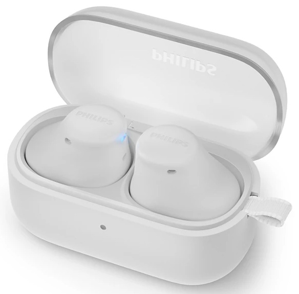 Białe słuchawki Philips w otwartym etui ładującym. Etui jest białe z przezroczystą pokrywą. Słuchawki są widoczne w środku.