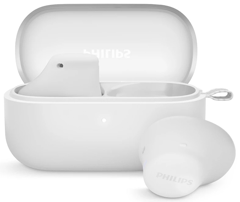 Białe słuchawki Philips w etui ładującym. Etui jest otwarte, a jedna słuchawka spoczywa na zewnątrz. Widoczne logo Philips.