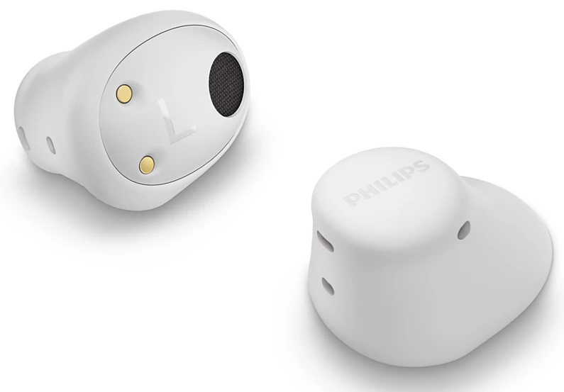 Dwa białe słuchawki Philips. Jeden pokazuje L, drugi nazwę marki. Oba na białym tle.