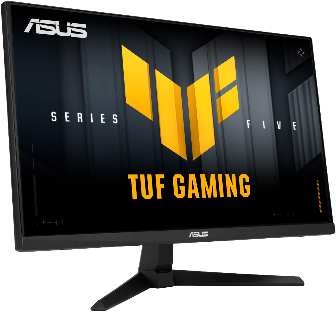 Ein ASUS TUF Gaming Monitor. Schwarzer Rahmen mit einem gelb-schwarzen Bildschirm, der das Logo und den Text 'TUF GAMING' anzeigt.