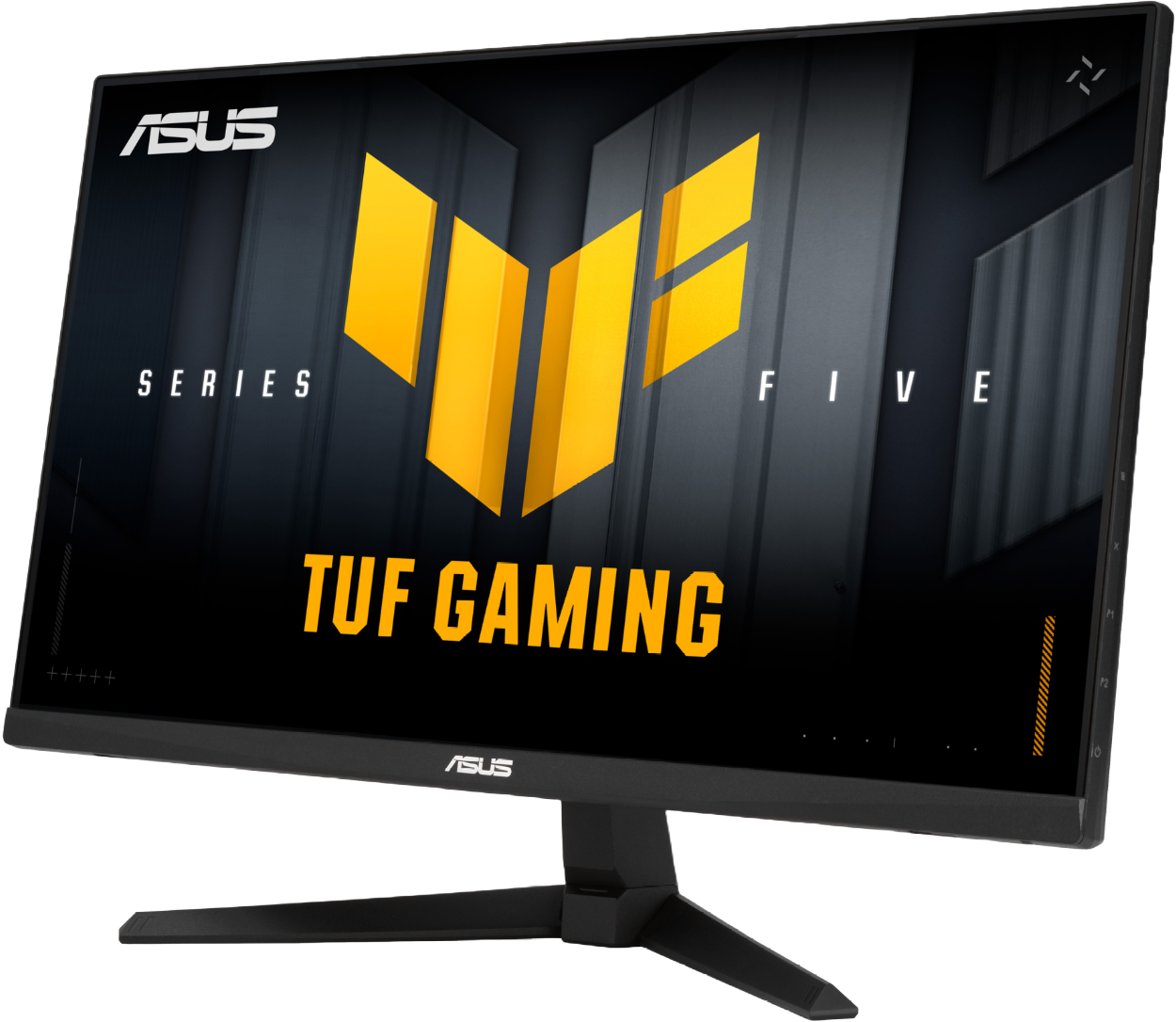Schwarzer ASUS TUF-Gaming-Monitor. Der Bildschirm zeigt ein gelbes Logo auf dunklem Hintergrund. Der Monitor steht auf einem schwarzen Ständer.