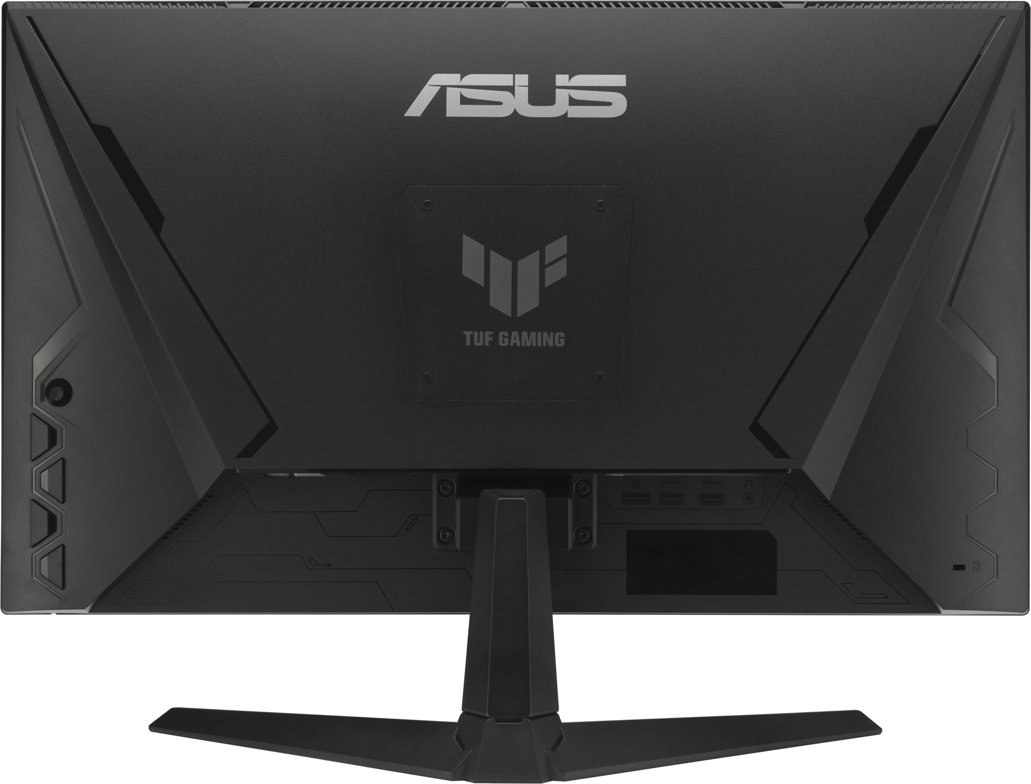 Rückseite eines schwarzen Computermonitors. ASUS-Logo oben. Die Worte 'TUF GAMING' unter einem Logo. Ständer unten.