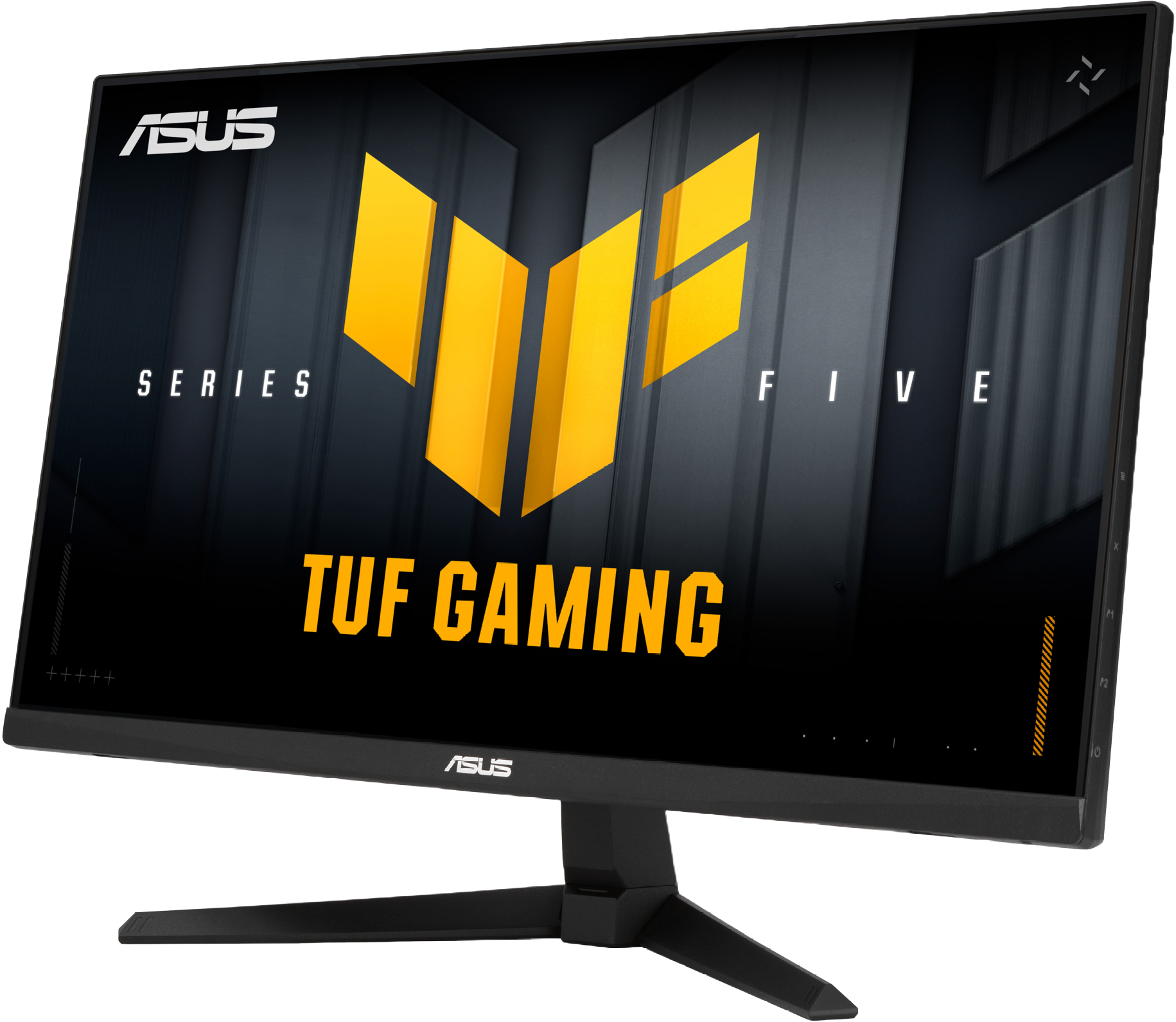 ASUS TUF Gaming Monitor. Schwarzer Rahmen, gelbes Logo und Text. Der Bildschirm zeigt ein stilisiertes gelbes Emblem. Der Ständer ist schwarz.