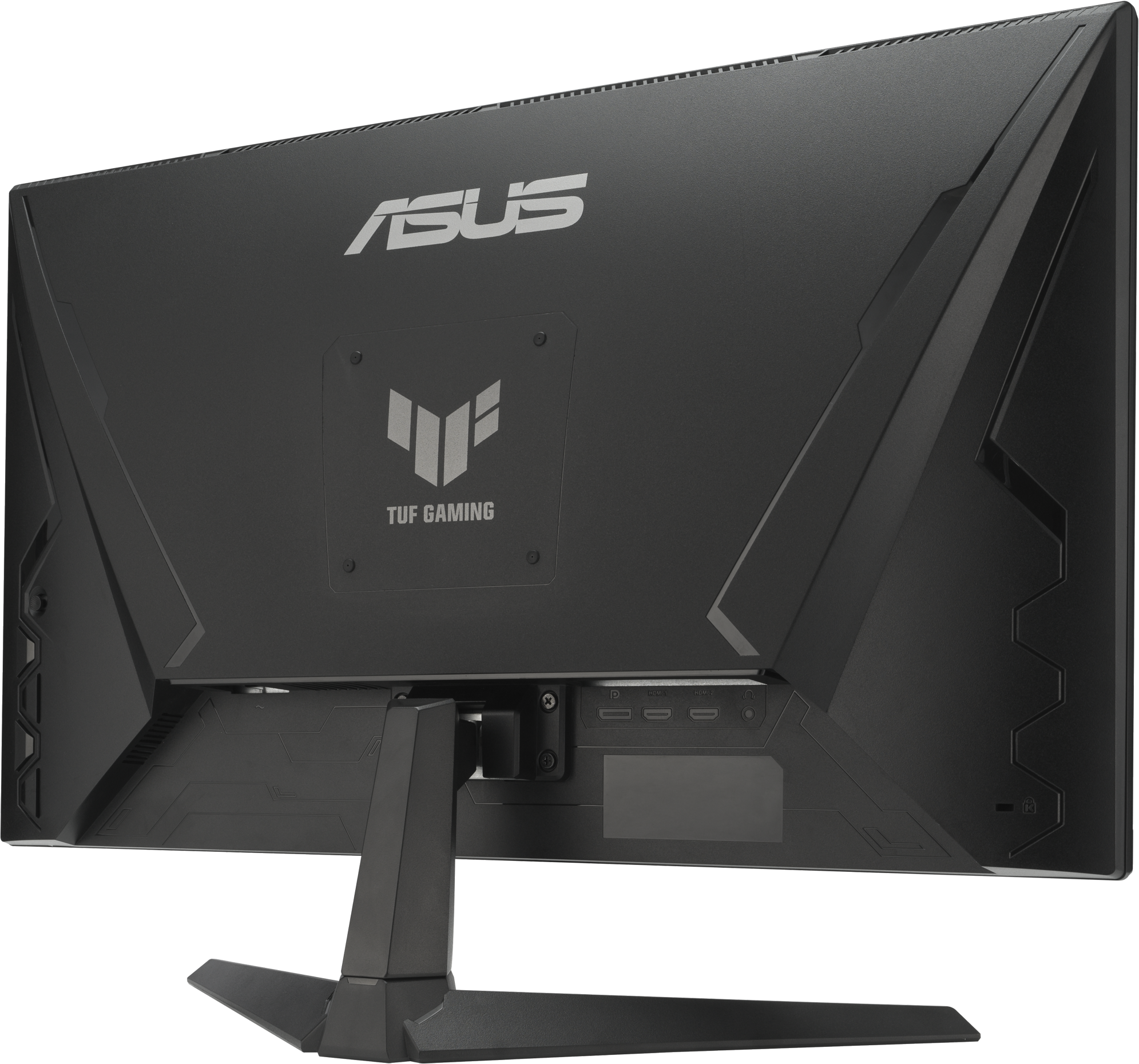Rückseite eines schwarzen ASUS TUF Gaming Monitors. Zeigt Logos, Anschlüsse und Ständer. Die Rückseite hat geometrische Designelemente.