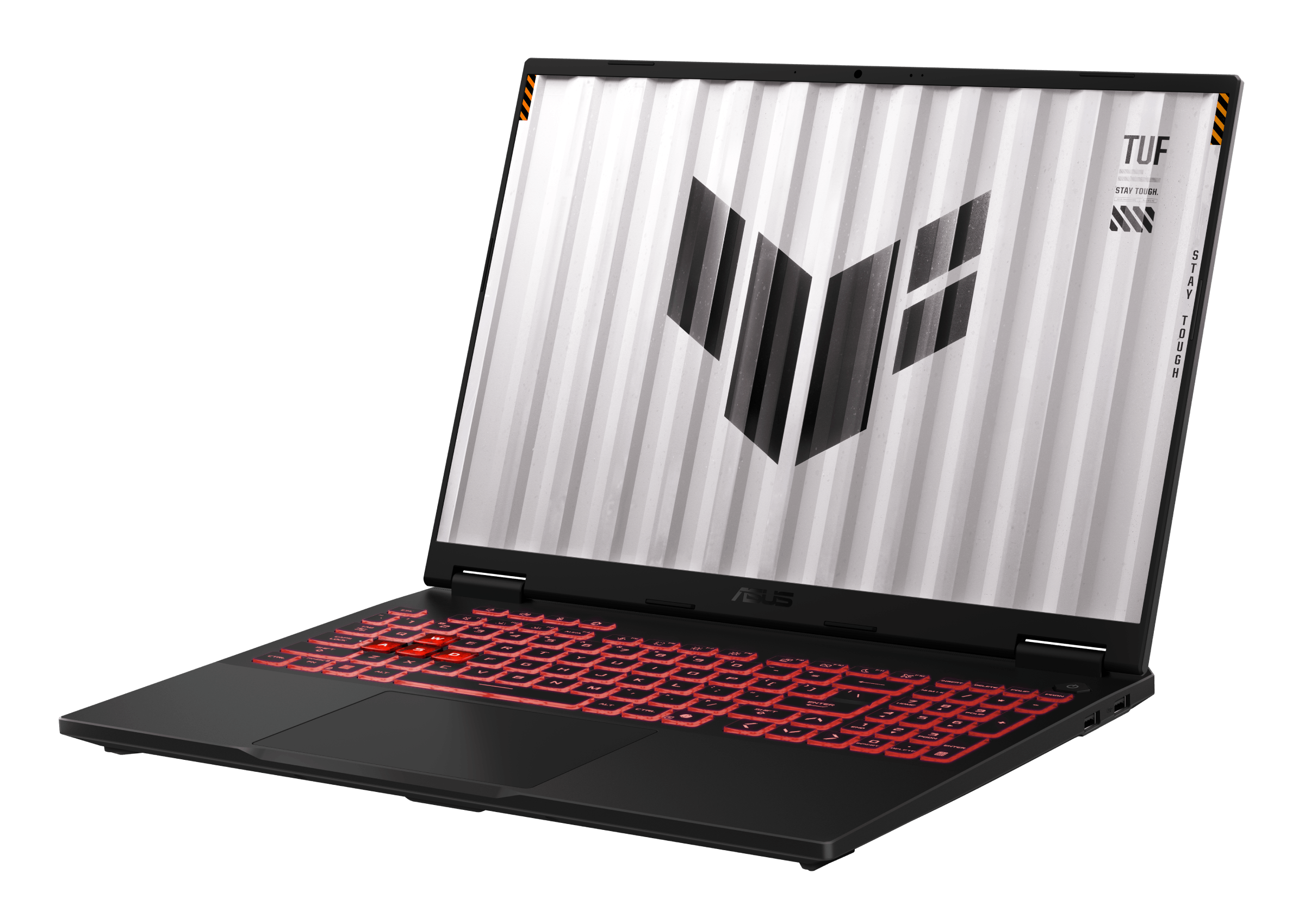 Czarny laptop z podświetlaną na czerwono klawiaturą, biały ekran z szarym i czarnym wzorem, na czarnym tle.